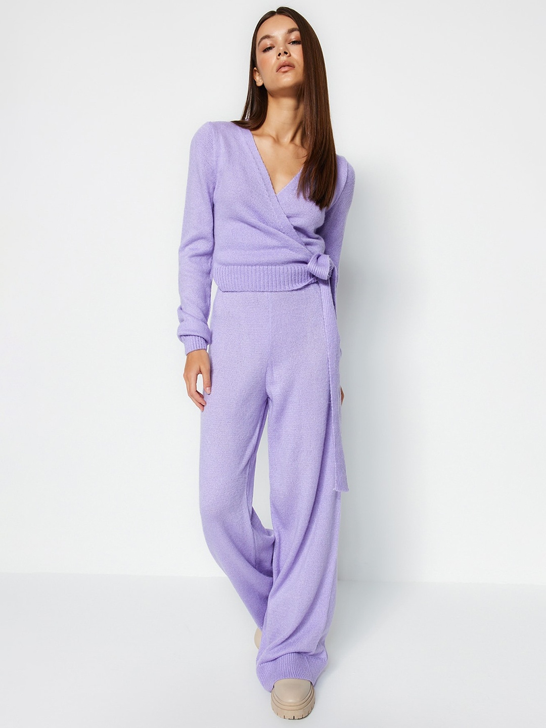 

Trendyol V-Neck Wrap Around Top With Flared Palazzos, Purple