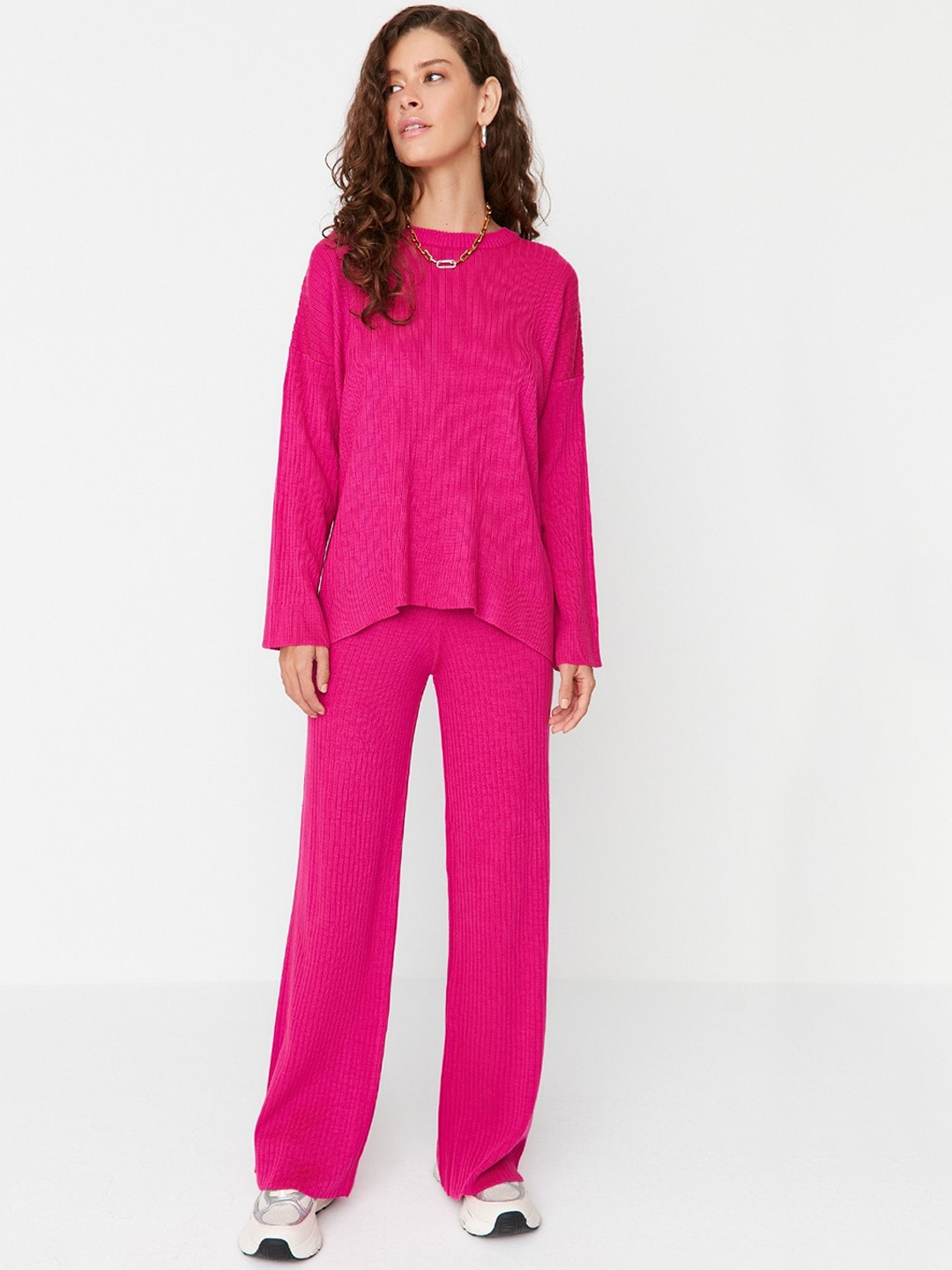 

Trendyol Ribbed Long Sleeves Acrylic Top With Flared Trousers, Fuchsia