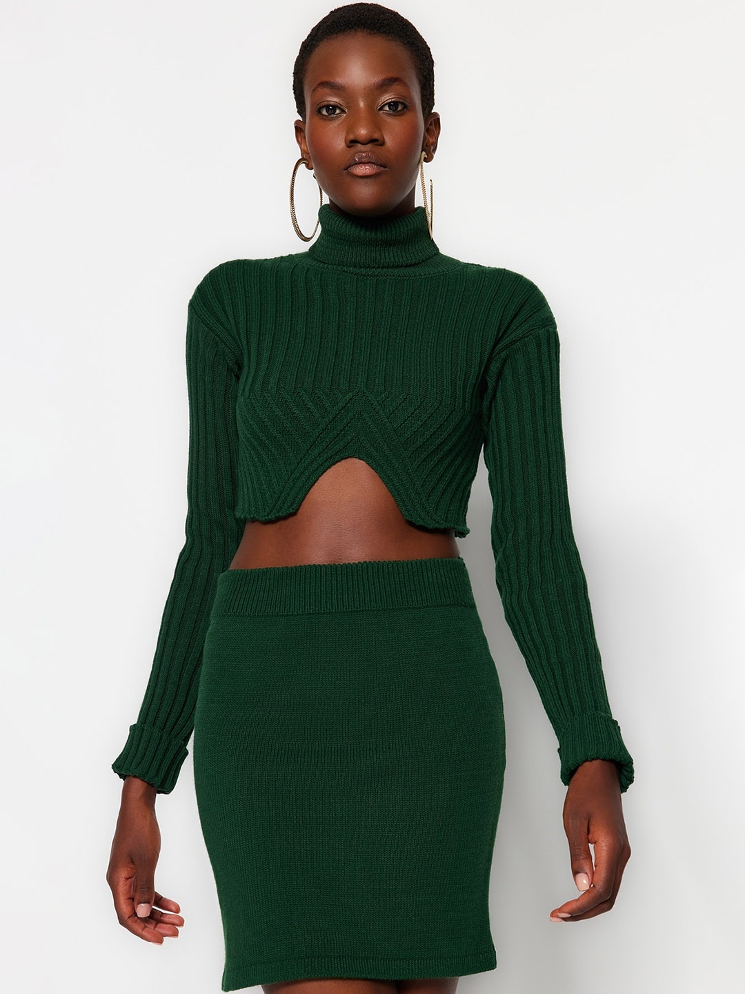 

Trendyol Self Design High Neck Top With Straight Skirts, Green