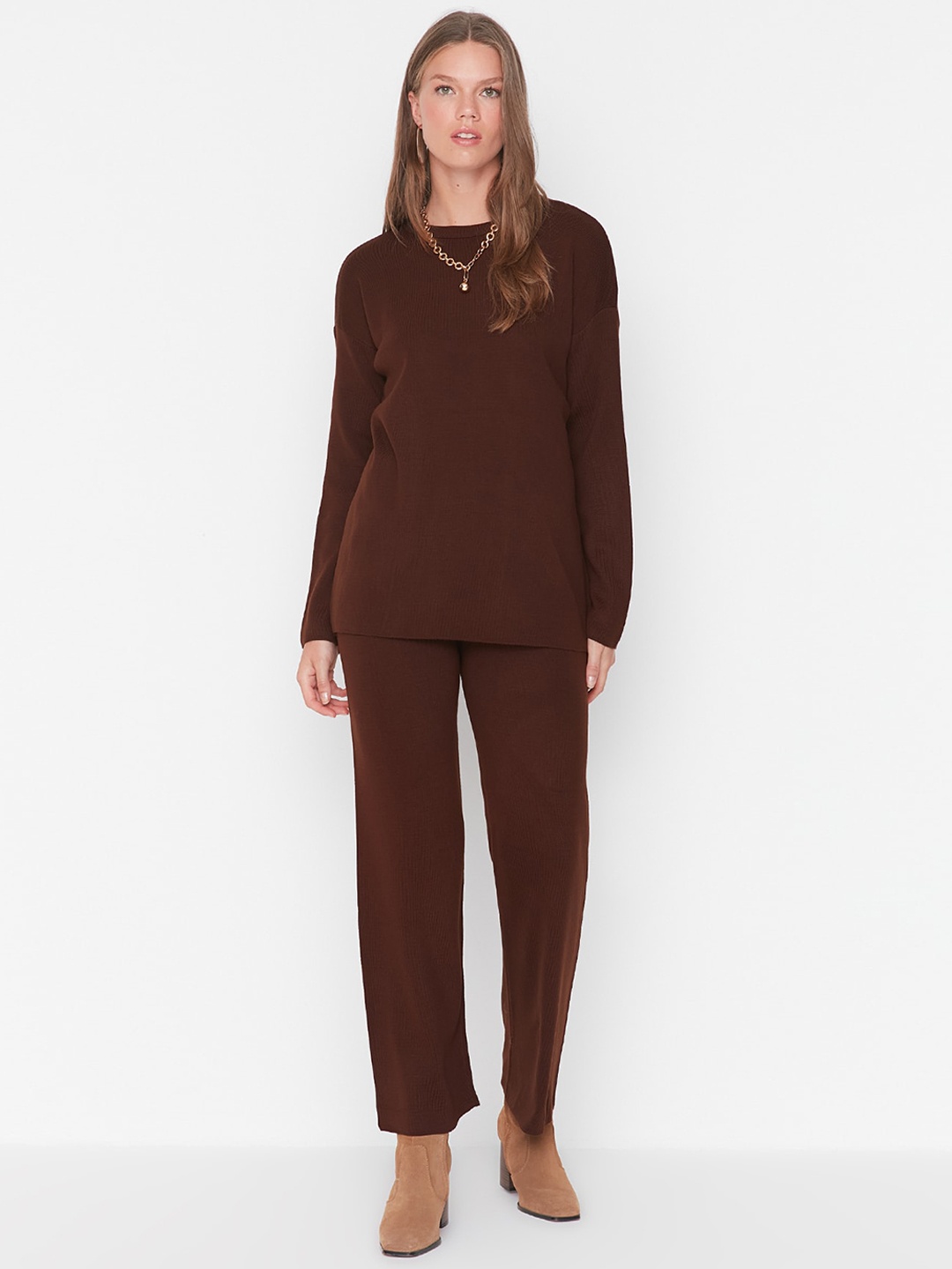 

Trendyol Sweatshirt With Straight Trousers Acrylic Co-Ords, Brown