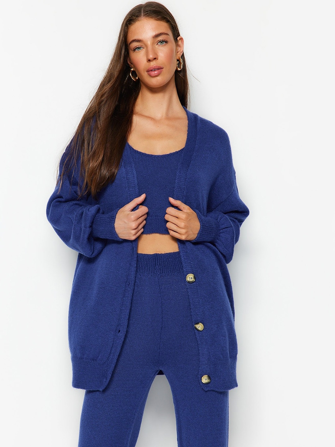 

Trendyol Self Design Top With Shrug & Flared Trousers, Navy blue