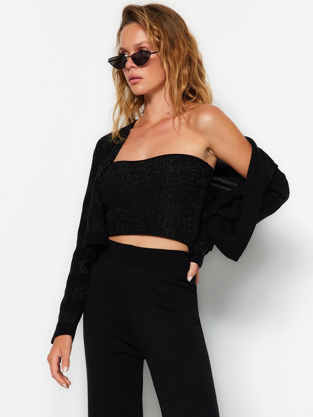 

Trendyol Embellished Tube Top With Straight Trouser & Jacket, Black
