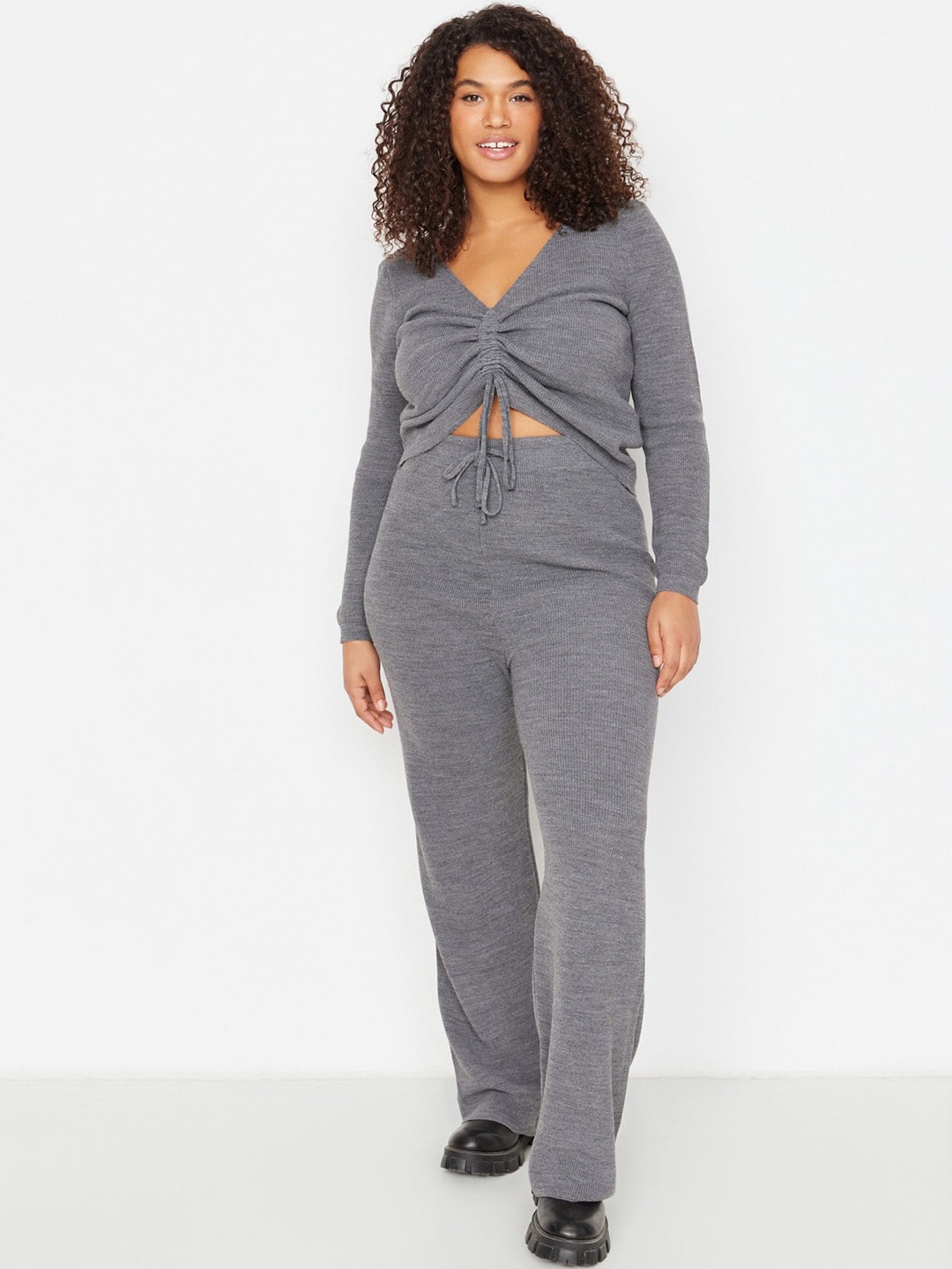 

Trendyol Plus Size Ruched Top With Palazzos, Grey melange
