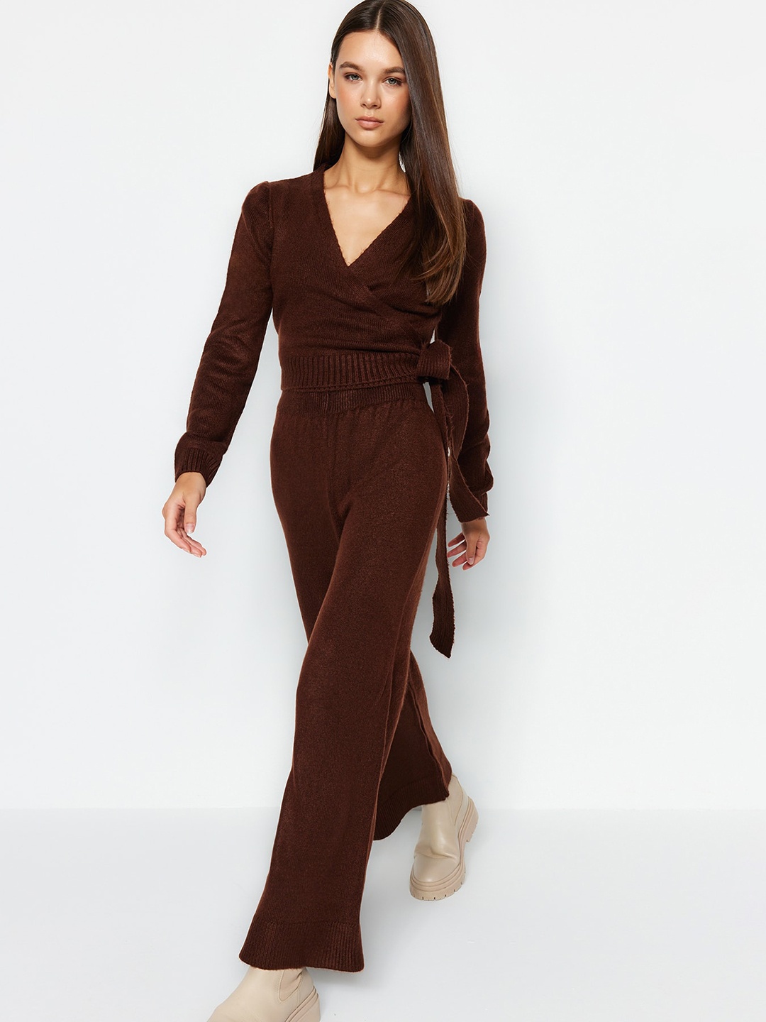 

Trendyol V-Neck Wrap Top With Wide-Leg Trousers, Brown