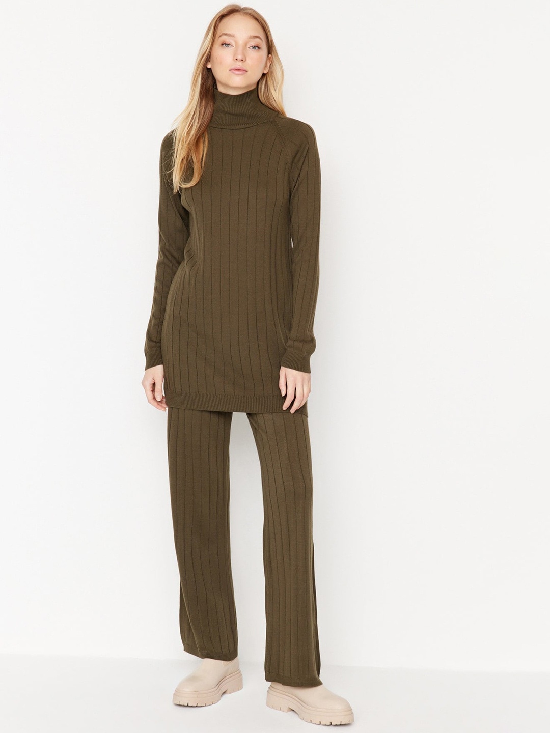 

Trendyol Self Design High Neck Acrylic Sweater With Trouser, Khaki