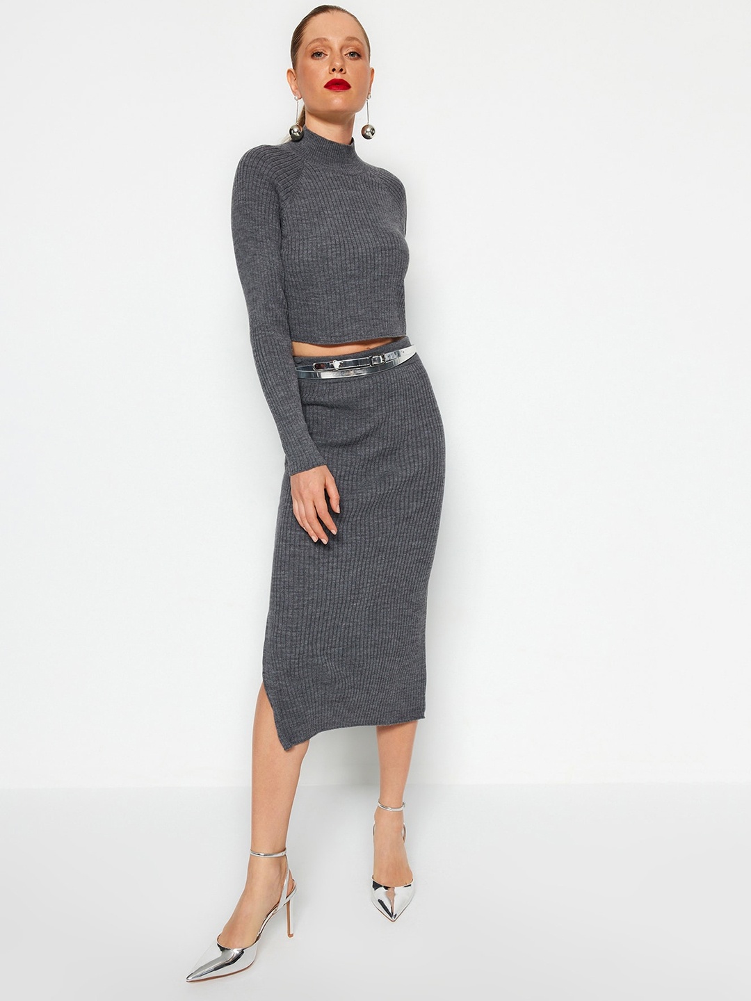 

Trendyol Self-Design High Neck Top With Skirts, Grey