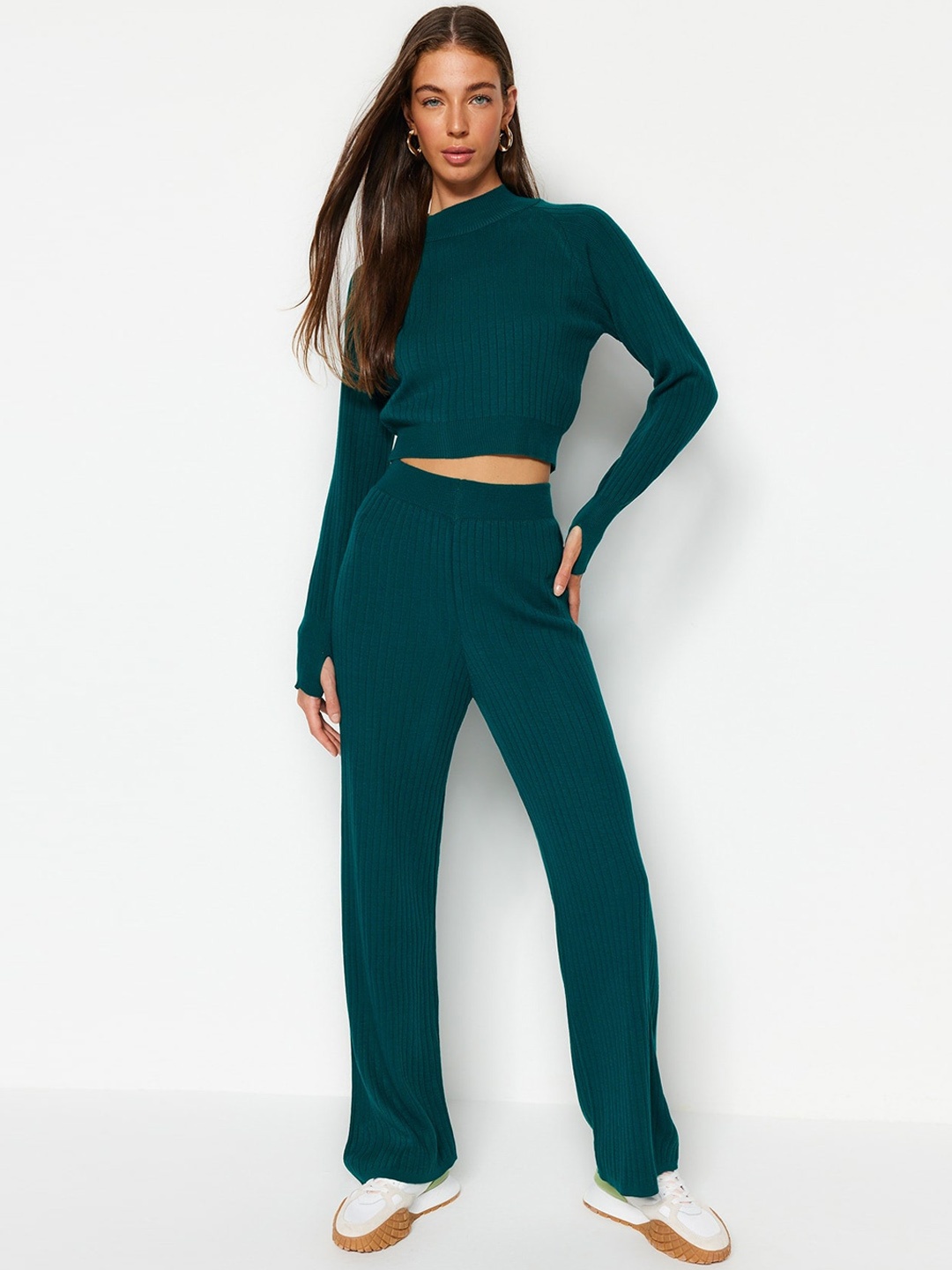 

Trendyol Self Design High Neck Sweater With Straight Trousers, Green