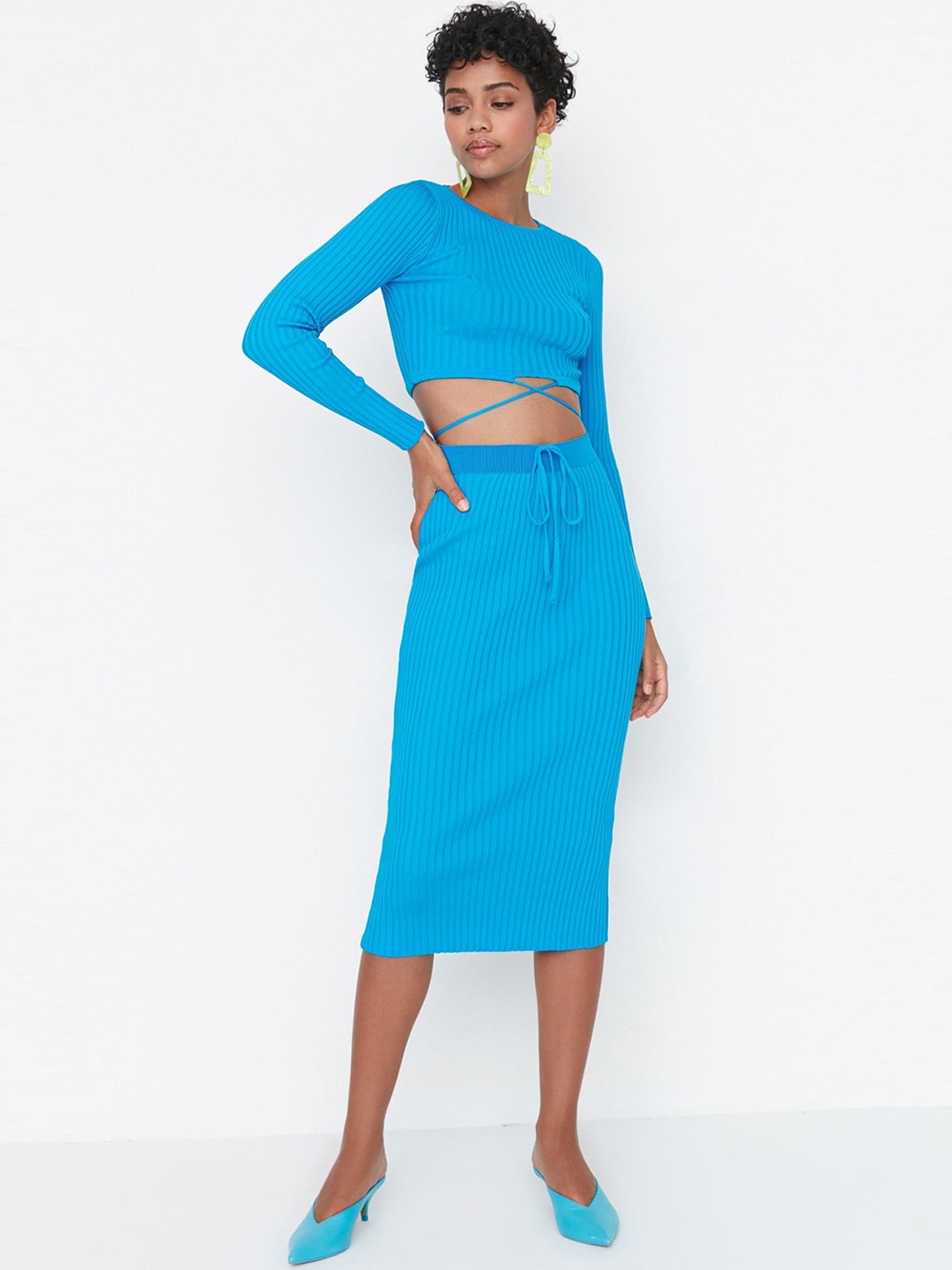 

Trendyol Ribbed Top With Straight Skirt, Blue