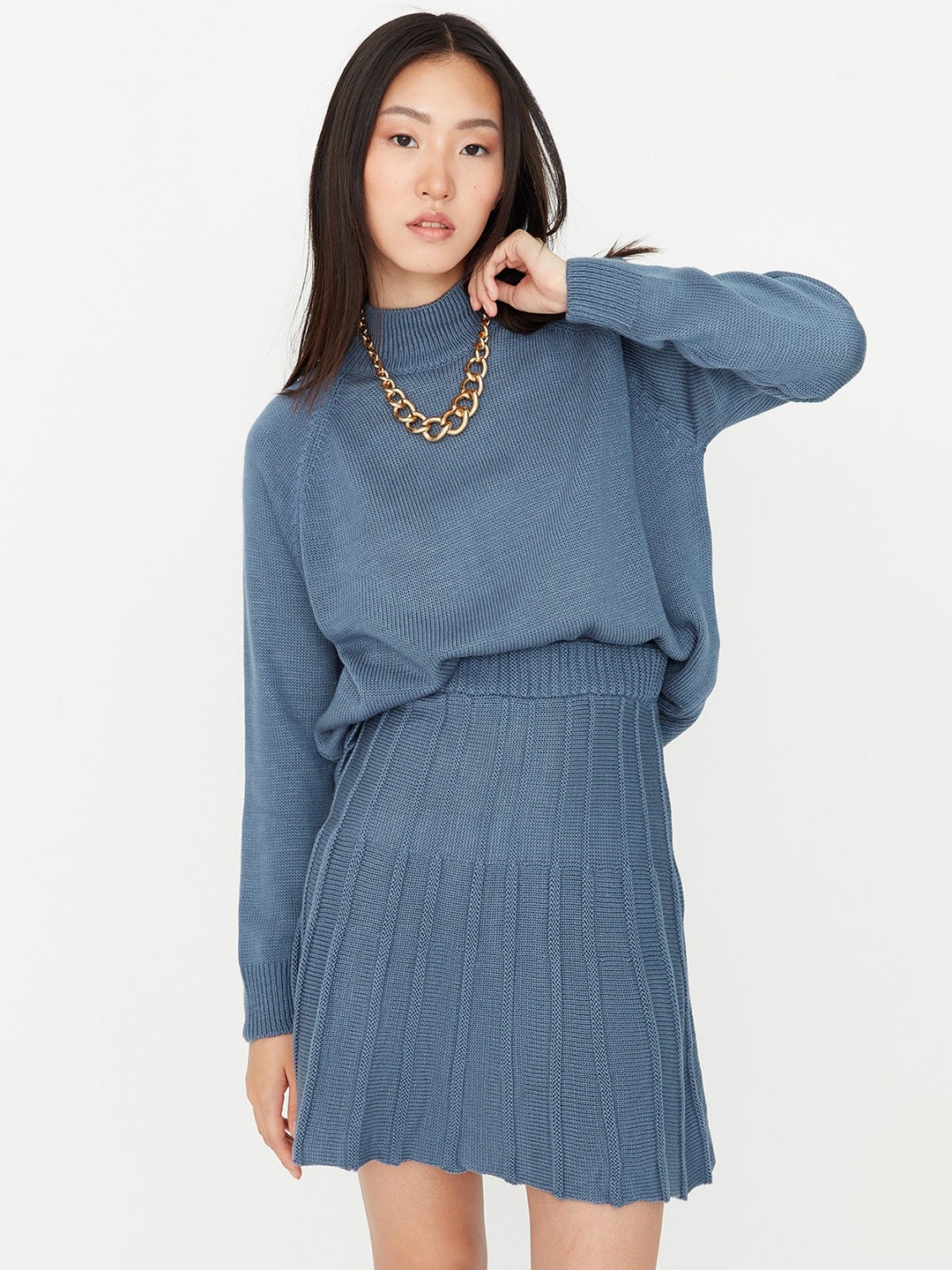 

Trendyol High Neck Acrylic Sweater With Skirt, Blue
