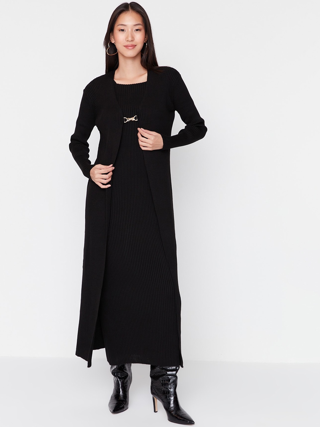 

Trendyol Ribbed AcrylicCoat Style Maxi Dress, Black