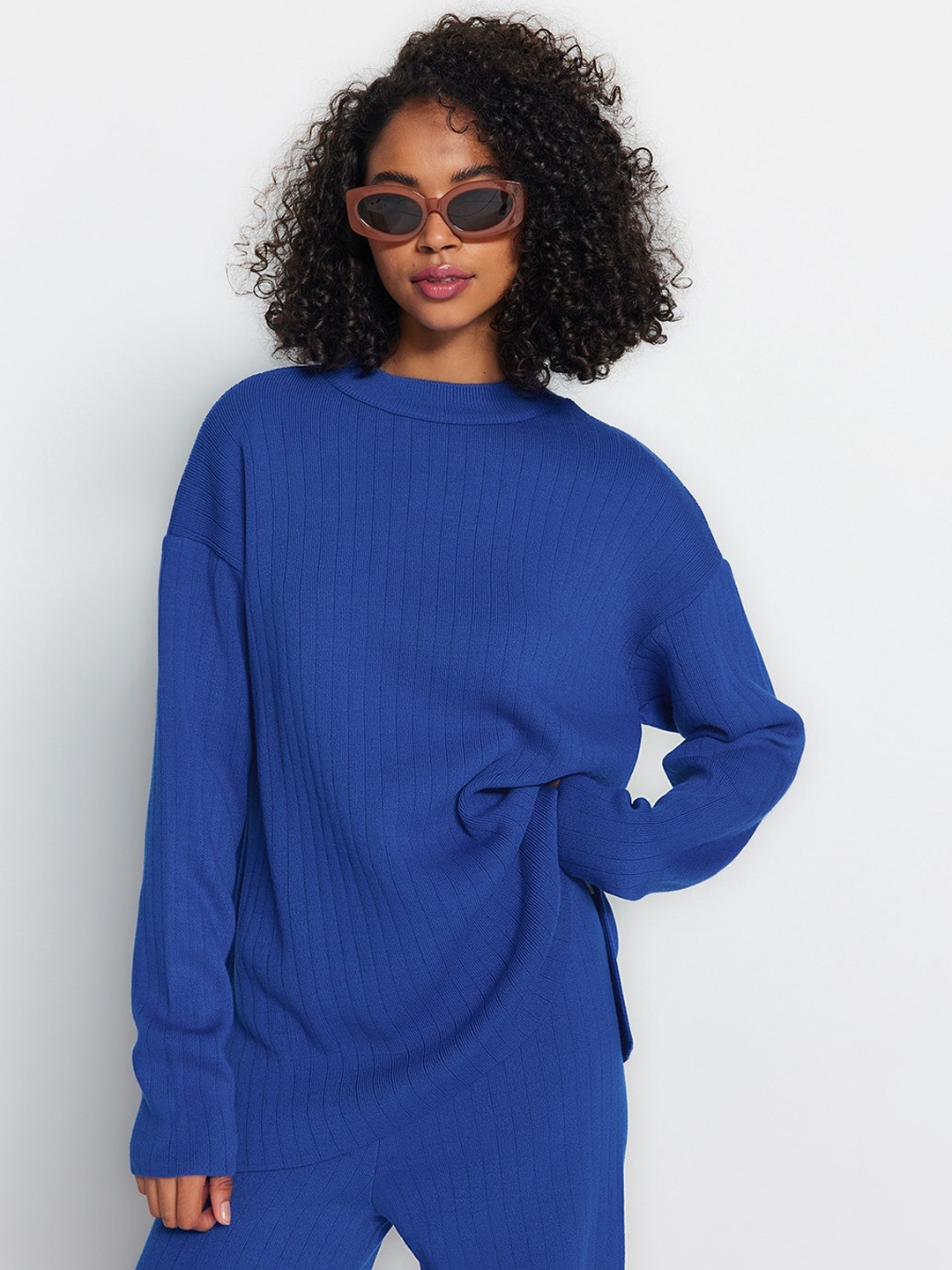 

Trendyol Round Neck Ribbed Acrylic Sweater With Trousers, Blue