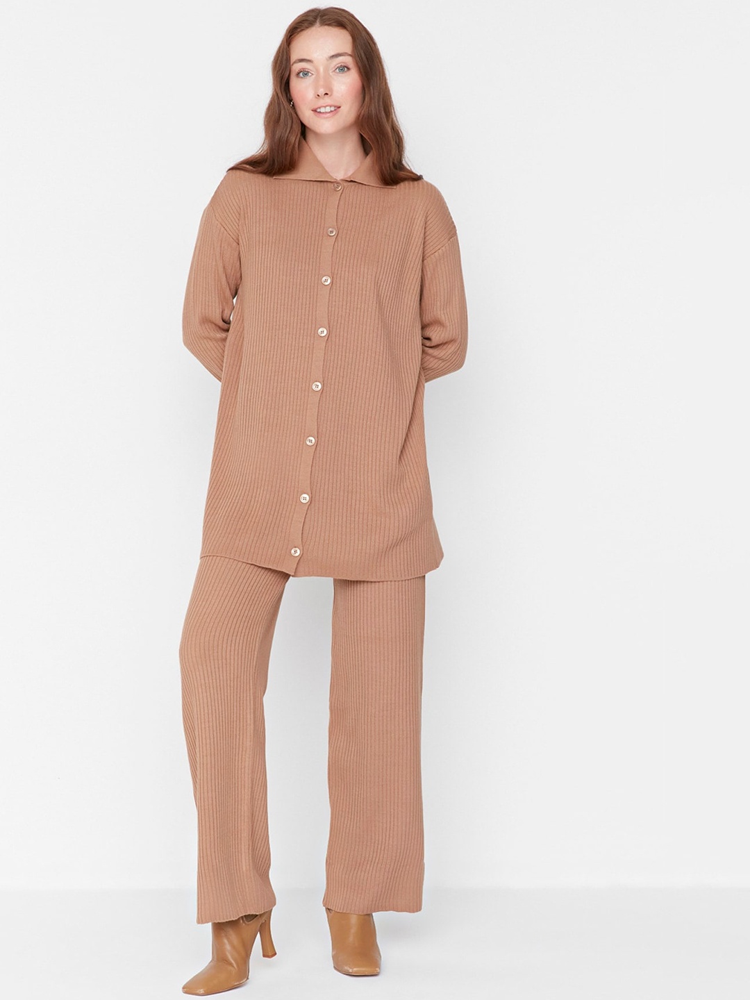 

Trendyol Ribbed Acrylic Shirt With Trousers, Brown