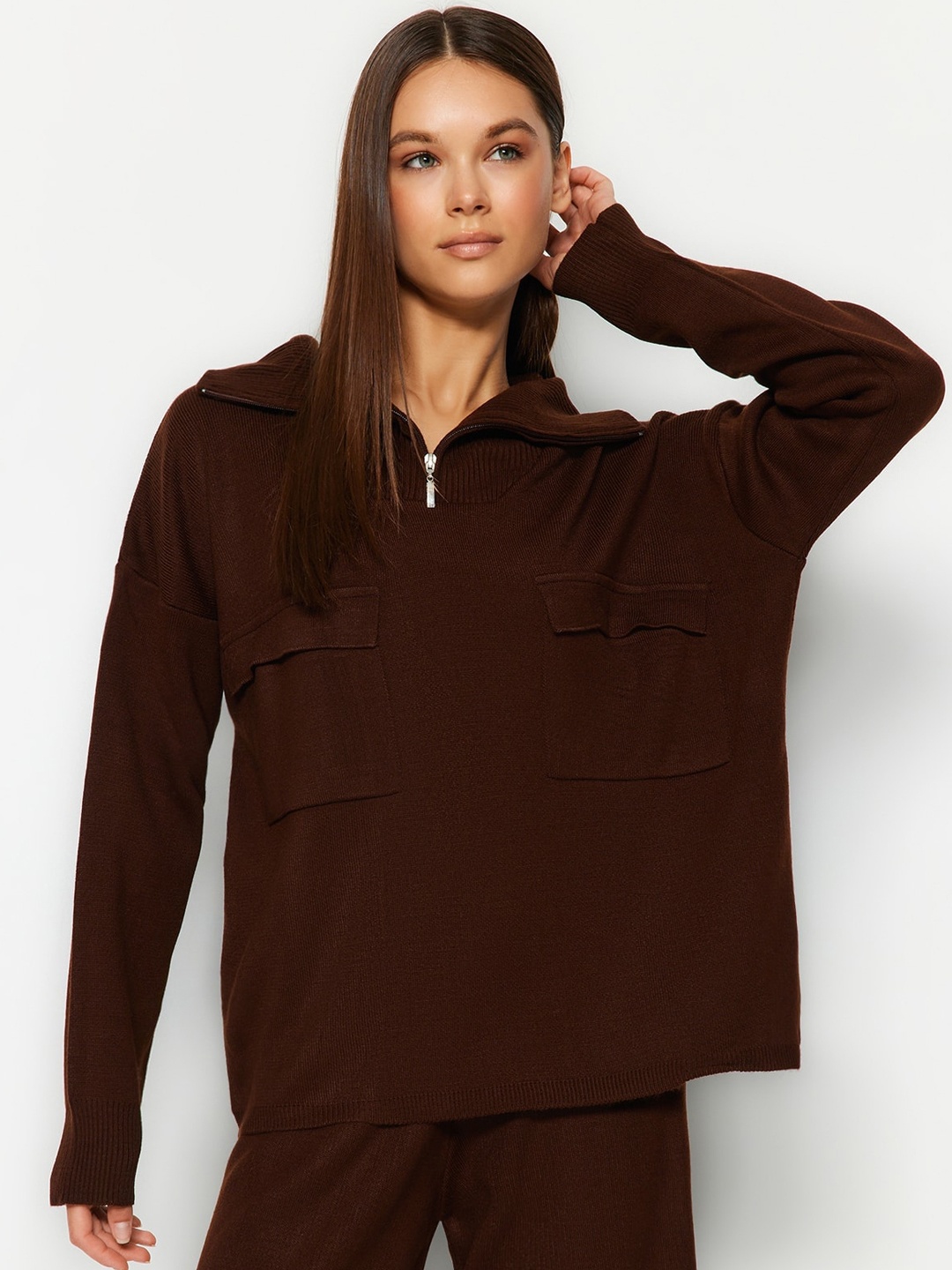 

Trendyol Spread Collar Acrylic Sweatshirt With Trousers, Brown