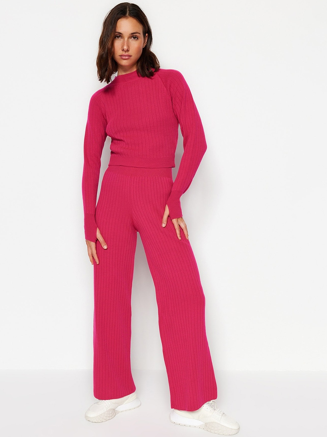 

Trendyol Self-Design High-Neck Acrylic Top With Flared Trousers, Pink