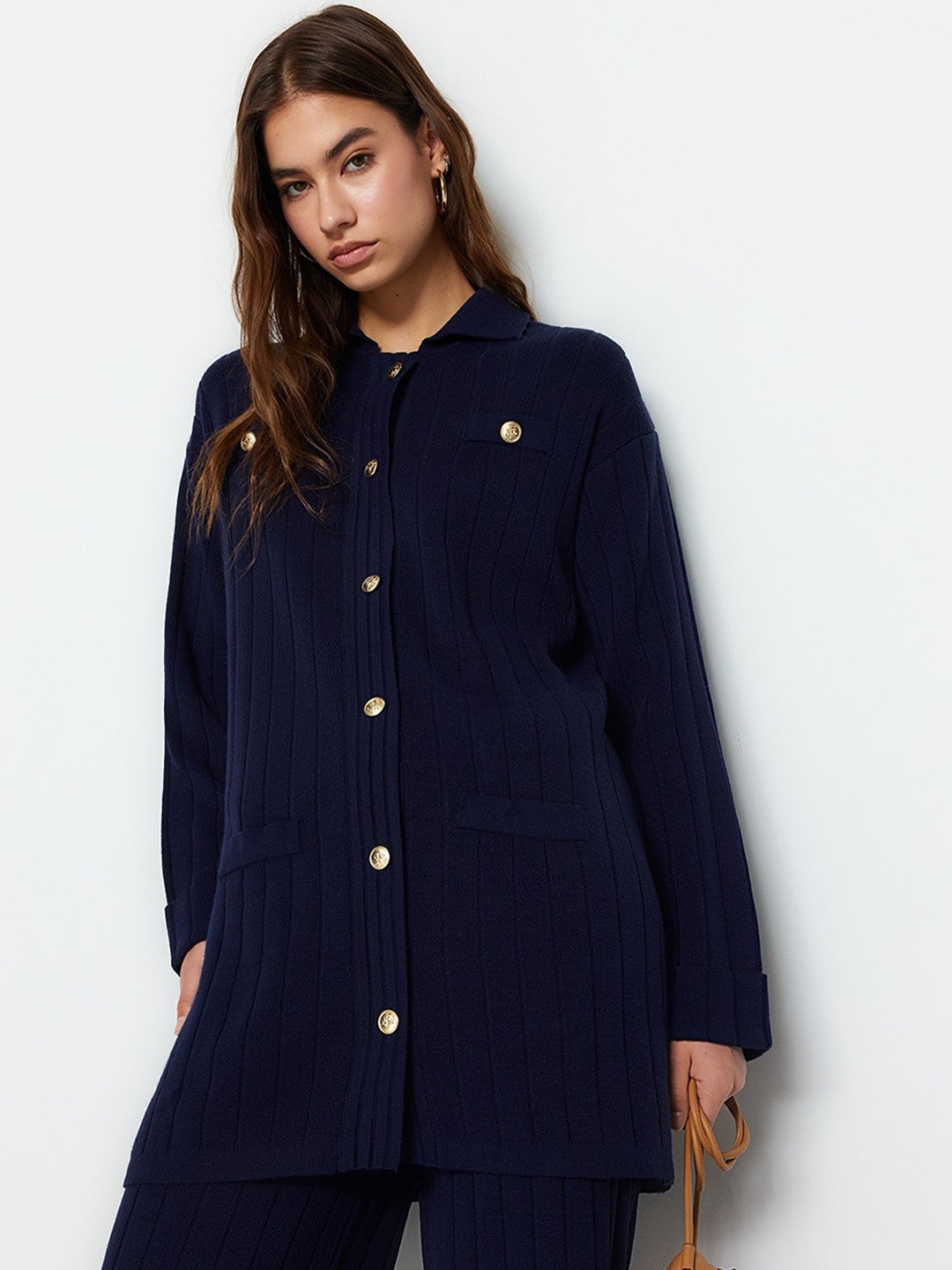 

Trendyol Striped Shirt Collar Shirt With Flared Trouser Co-Ords, Blue