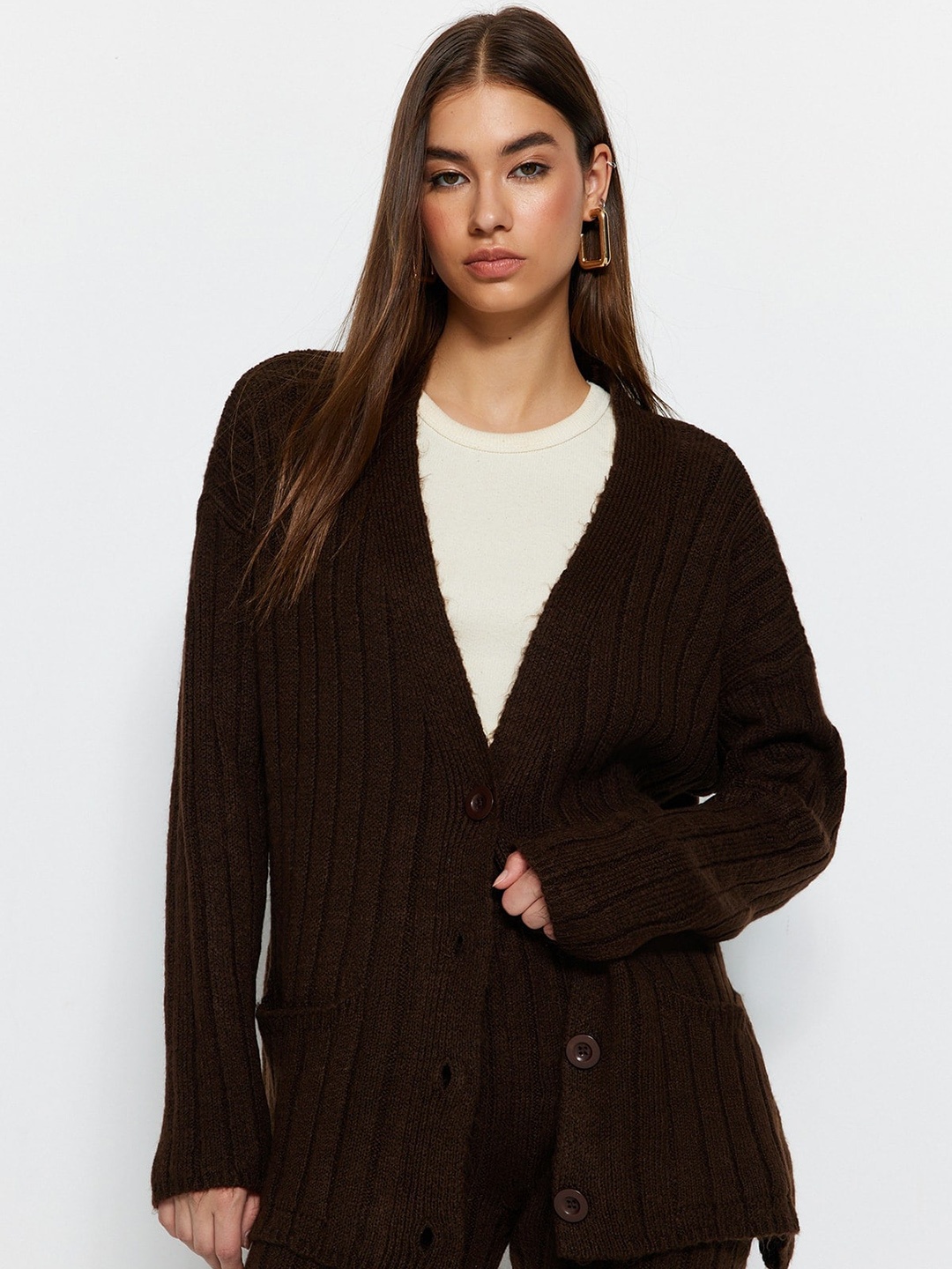 

Trendyol Self Design Top & Flared Trousers, Brown