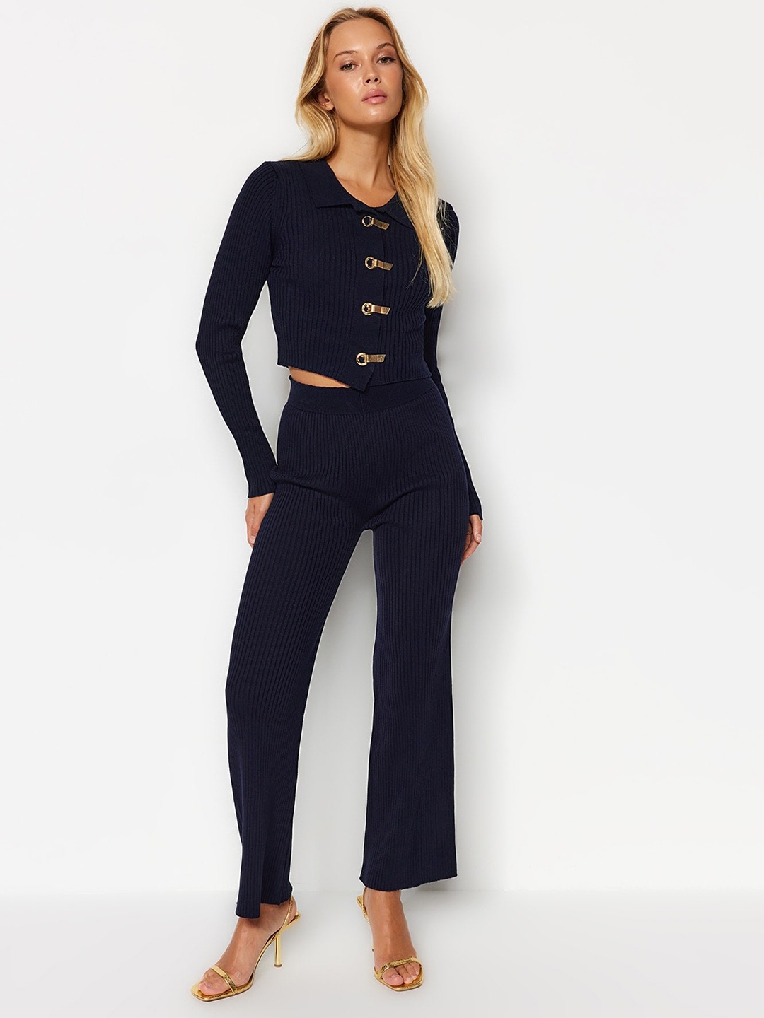 

Trendyol Ribbed Shirt Collar Acrylic Crop Top With Trousers, Navy blue