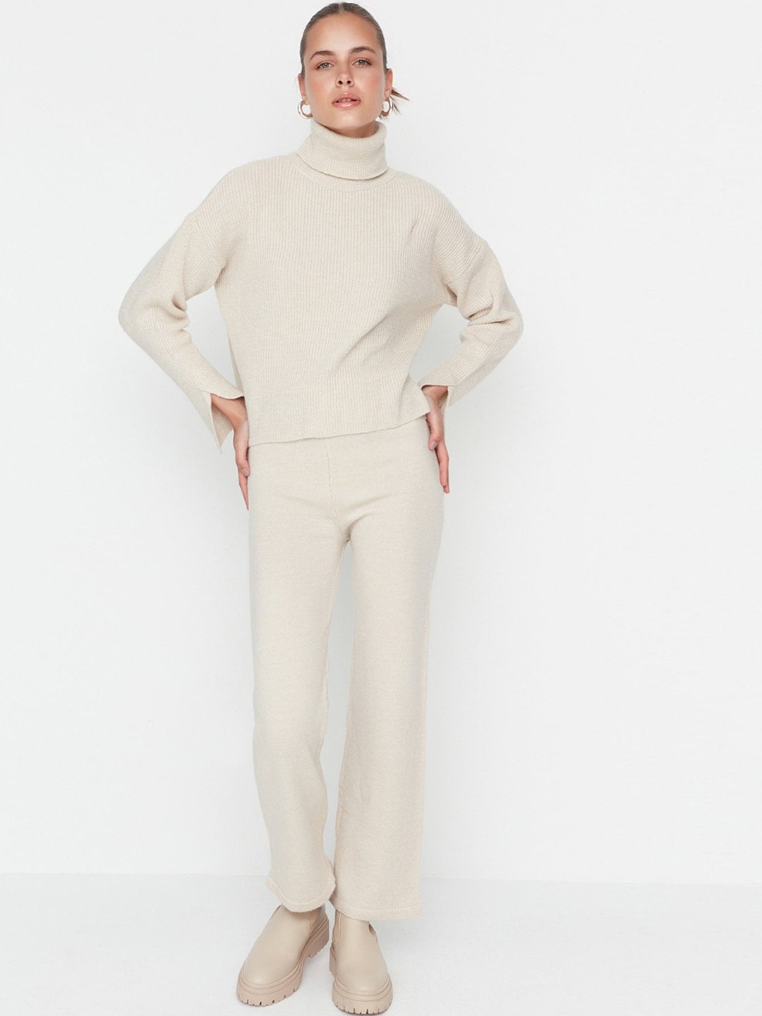 

Trendyol Self-Design Turtle Neck Acrylic Top With Trousers, Grey