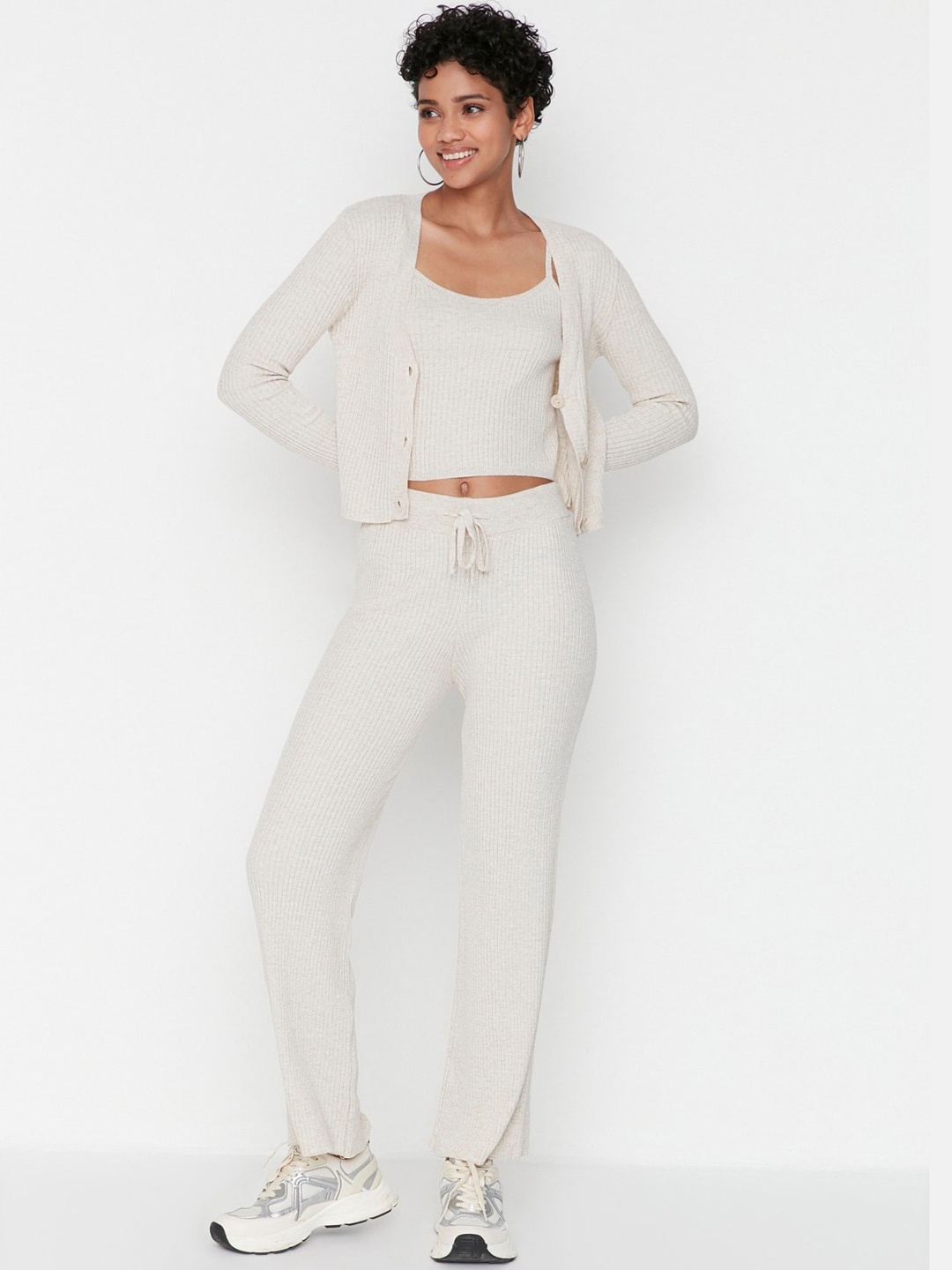 

Trendyol Boat Neck Top Jacket With Straight Trousers, Cream