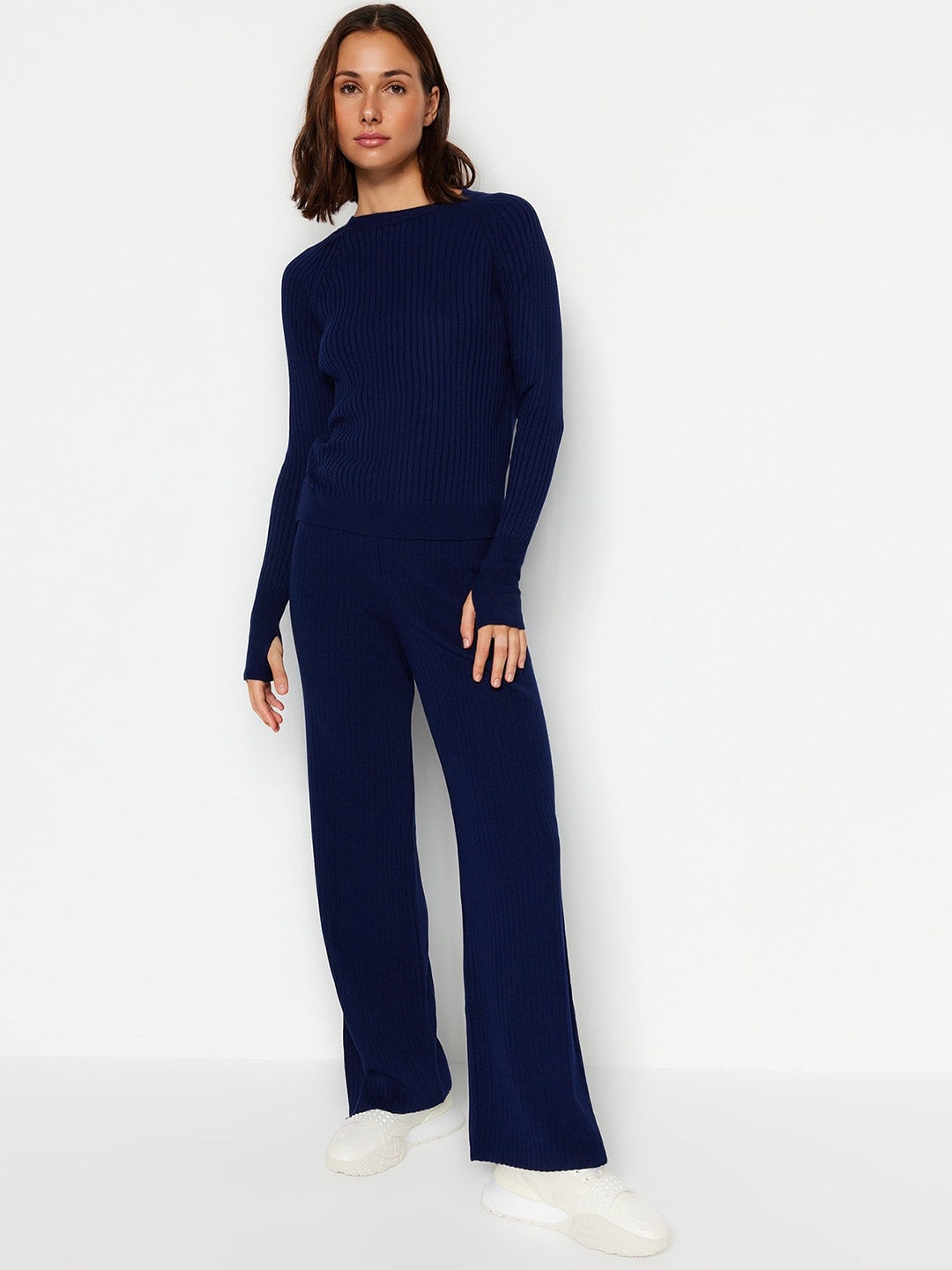 

Trendyol High Neck Ribbed Acrylic Sweater With Flared Trousers, Blue