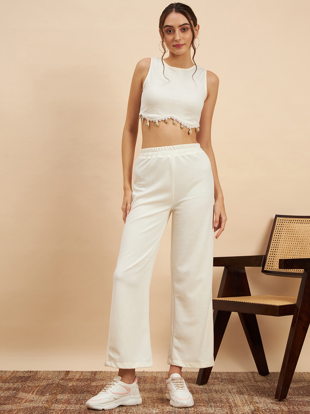 

KASSUALLY Sleeveless Embellished Detail Top With Trouser Co-Ords, White