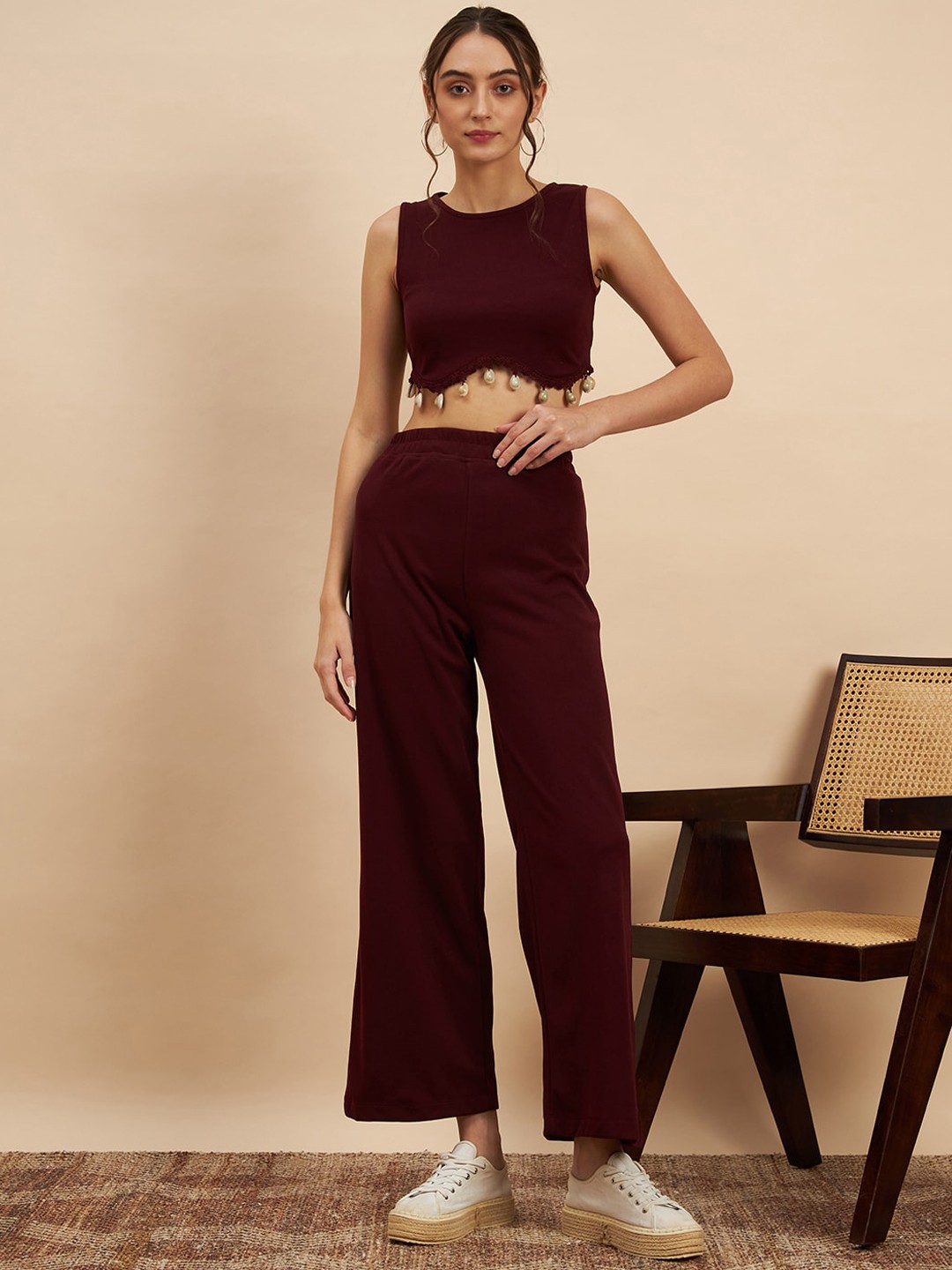 

KASSUALLY Round Neck Sleeveless Crop Top With Trouser, Burgundy