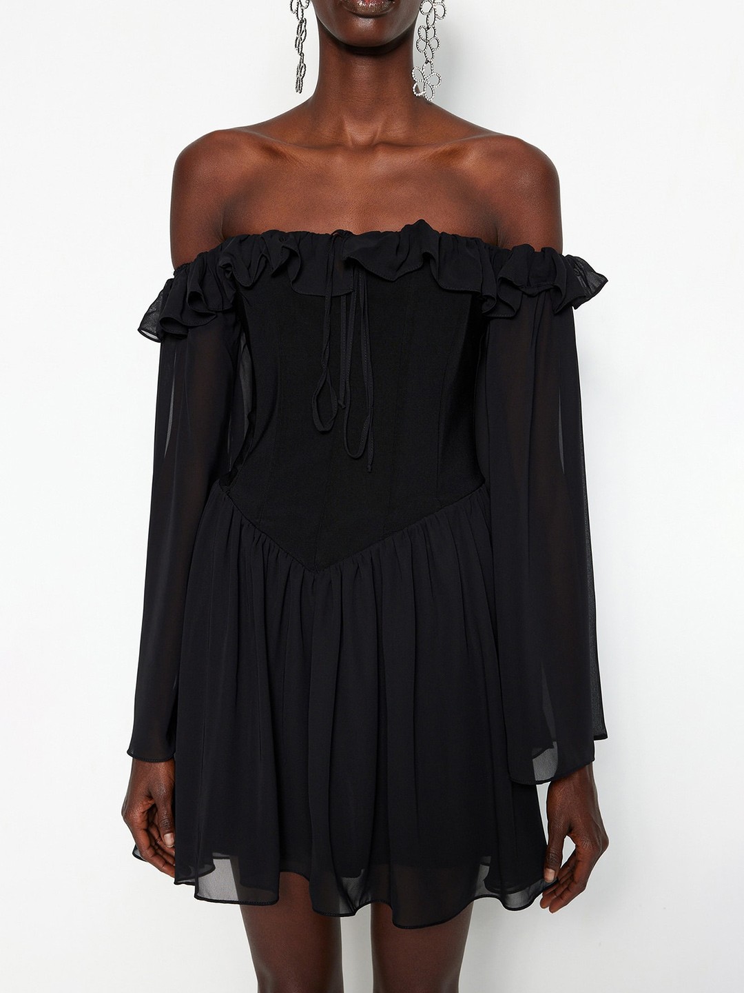 

Trendyol Off-Shoulder Ruffled A-Line Mini Dress, Na