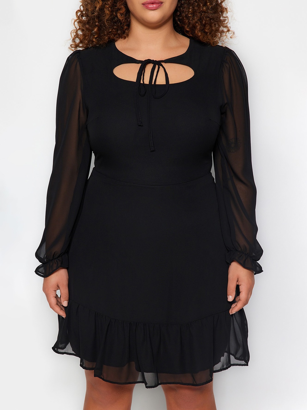 

Trendyol Tie-Up Neck Cuffed Sleeves A-Line Ruffles Dress, Black