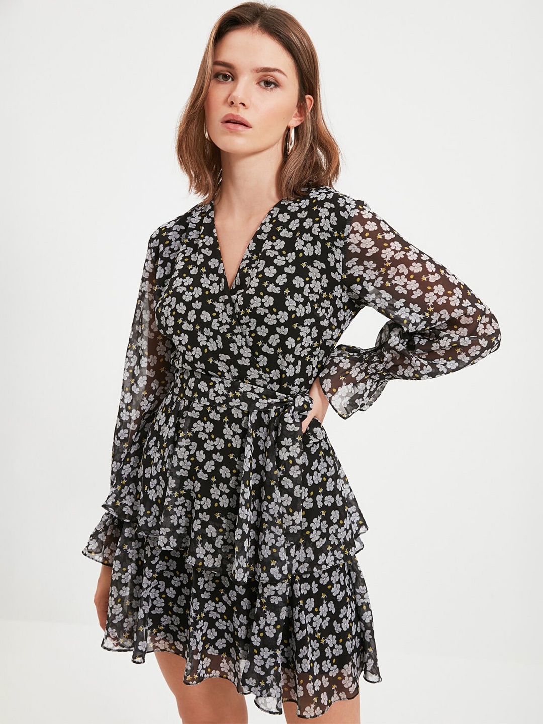 

Trendyol Floral Printed V-Neck Fit & Flare Layered Dress, Black