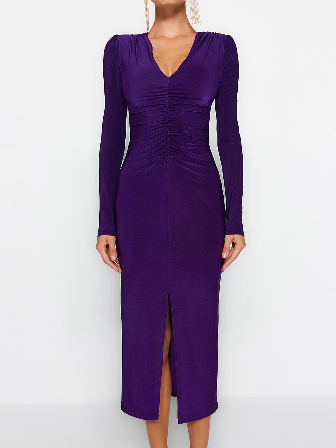 

Trendyol Puff Sleeve Ruched Bodycon Midi Dress, Violet