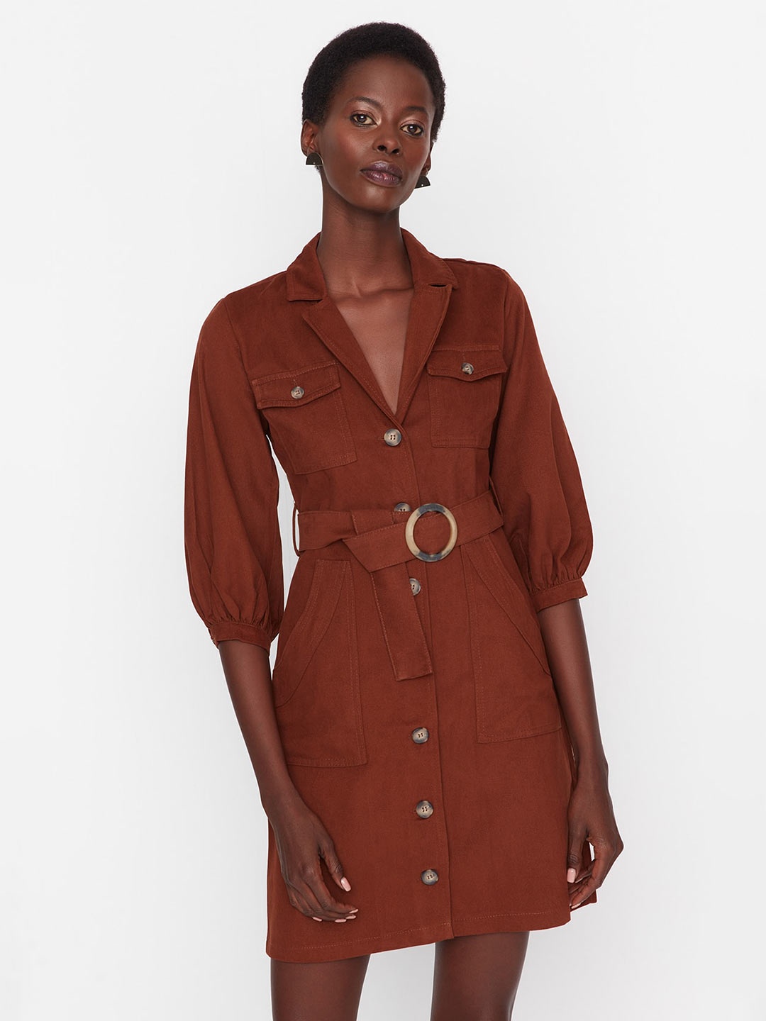 

Trendyol Notched Lapel Collar Cuffed Sleeves Cotton Shirt Dress, Brown