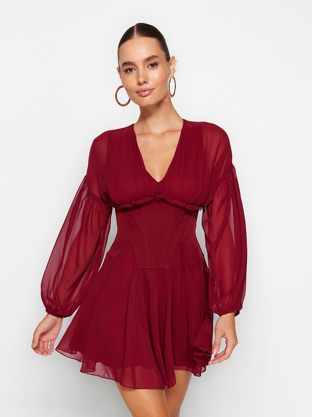 

Trendyol V-Neck Puff Sleeve Gathered A-Line Mini Dress, Burgundy