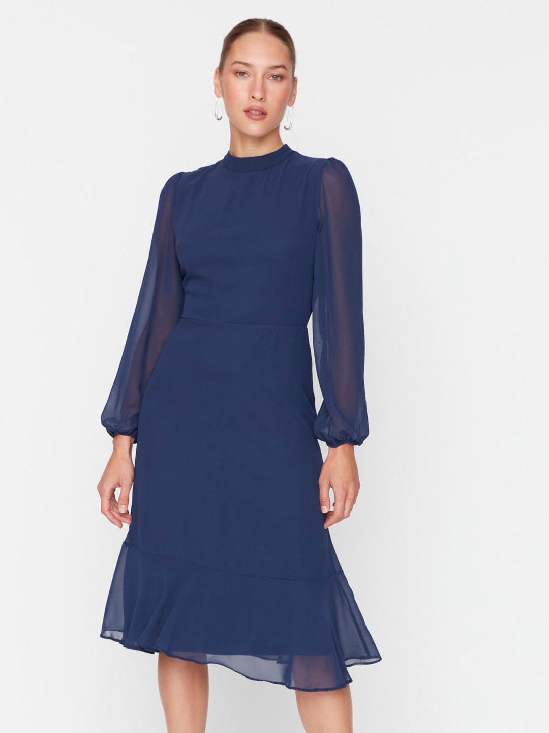 

Trendyol High Neck Puff Sleeve Fit & Flare Dress, Navy blue