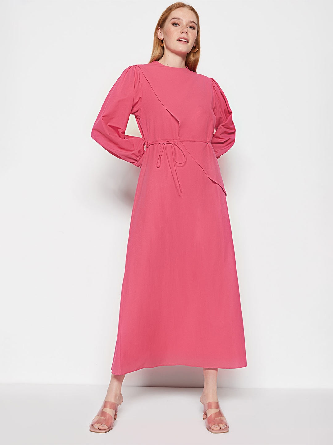 

Trendyol Round Neck Cuffed Sleeves Tie-Up Midi Dress, Pink