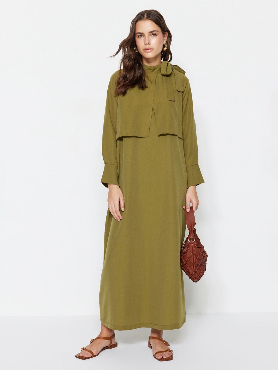 

Trendyol Tie-Up Neck Bell Sleeves Maxi Dress, Olive