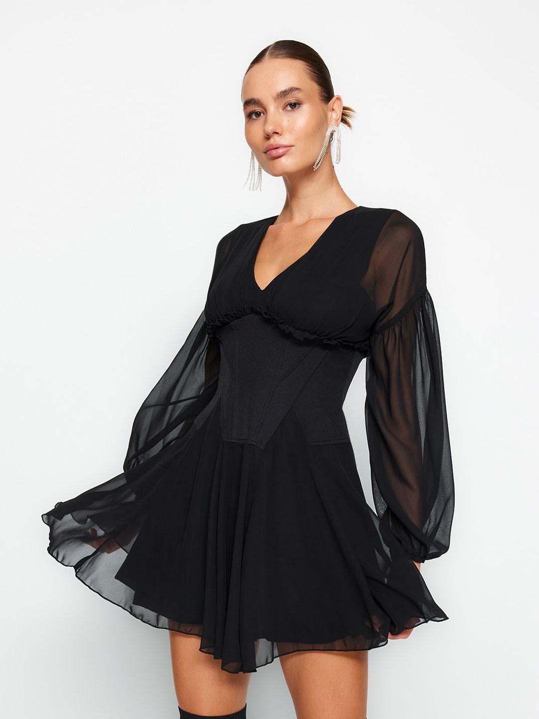 

Trendyol Puff Sleeve Fit & Flare Mini Dress, Na
