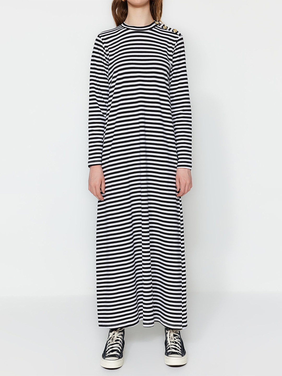 

Trendyol Striped Round Neck Cotton Maxi Dress, Black