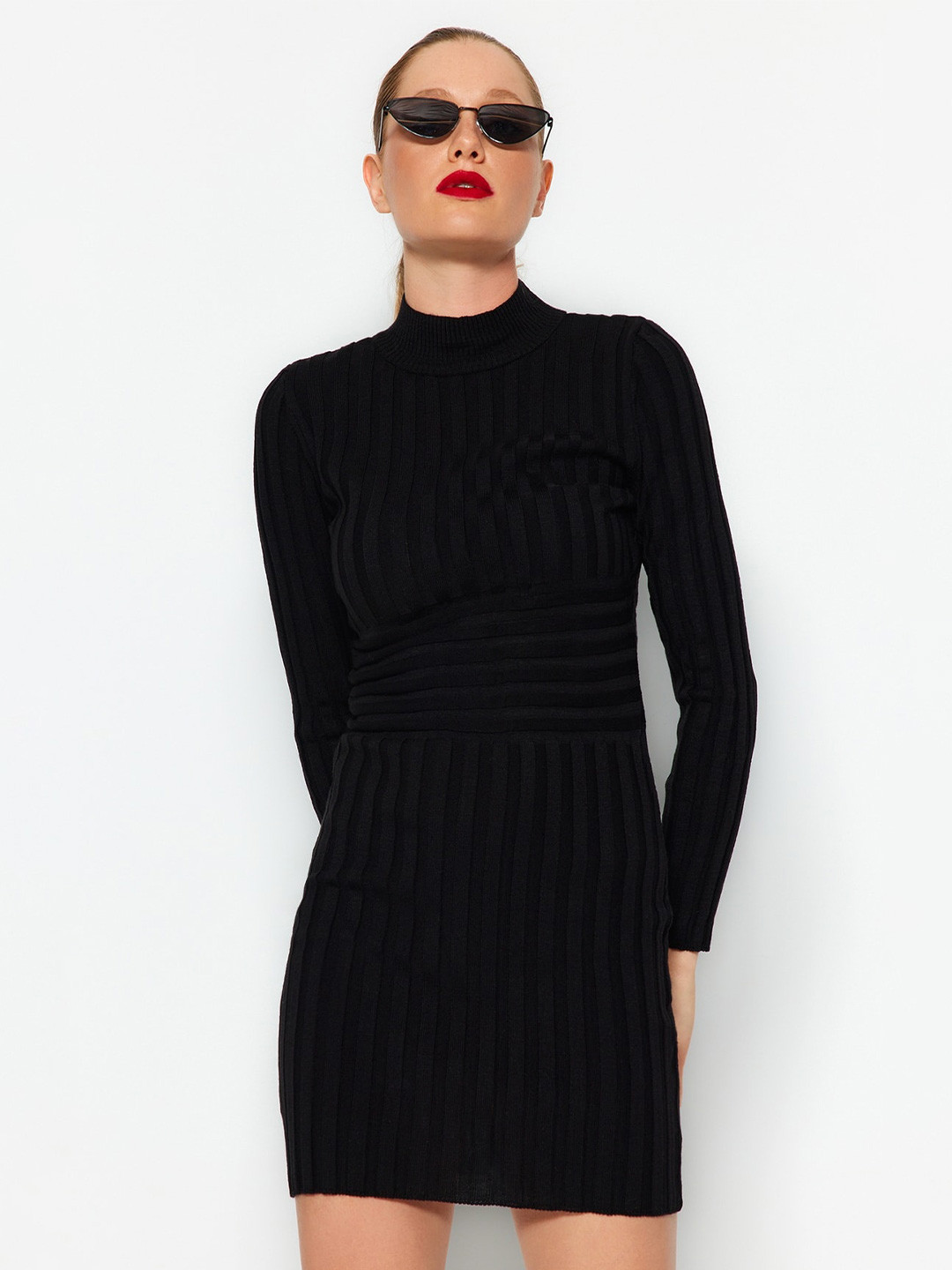 

Trendyol Self Design High Neck Mini Sheath Dress, Black
