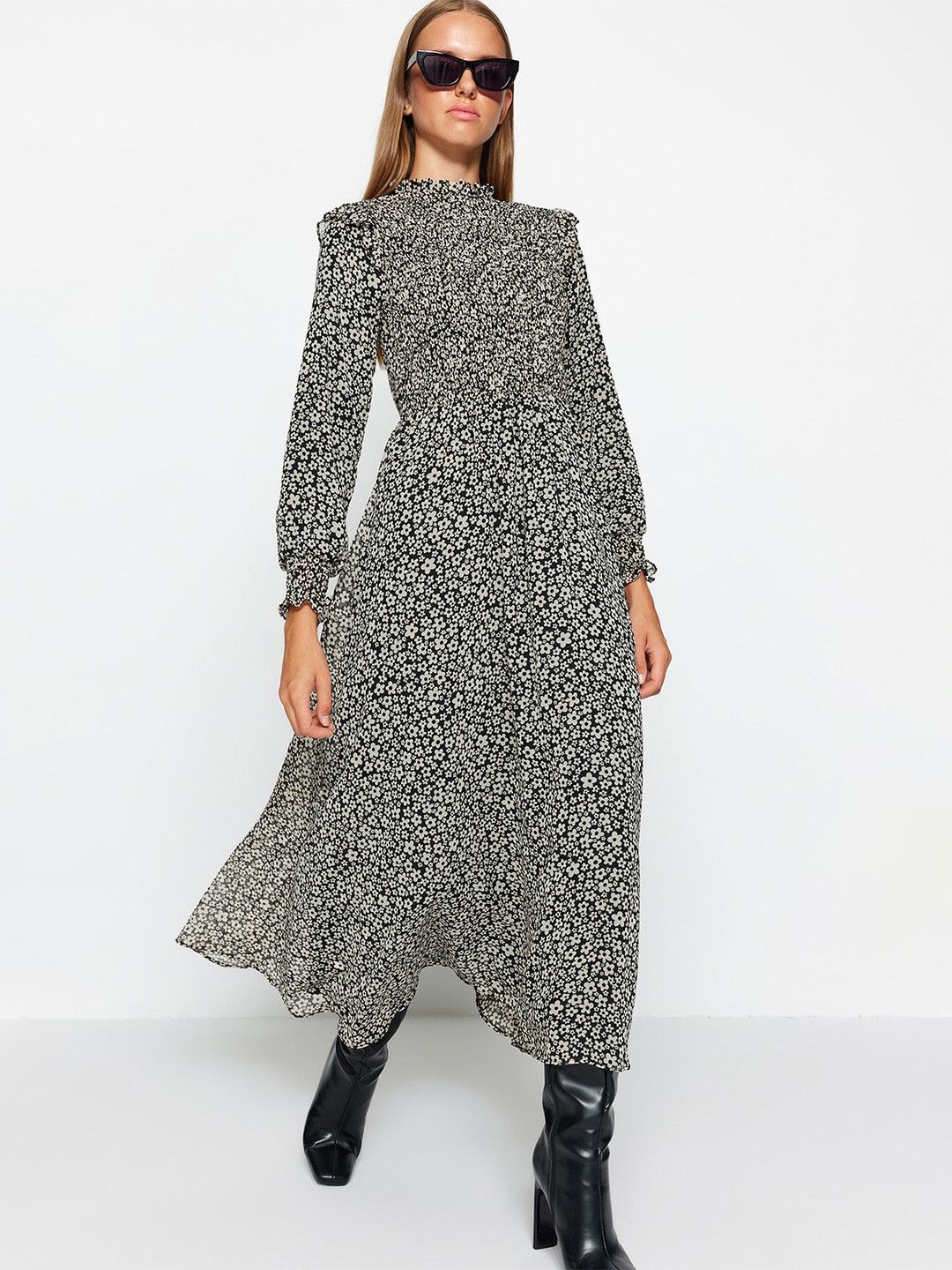

Trendyol Floral Printed High Neck Puff Sleeves Smocked Detailed Fit & Flare Midi Dress, Black