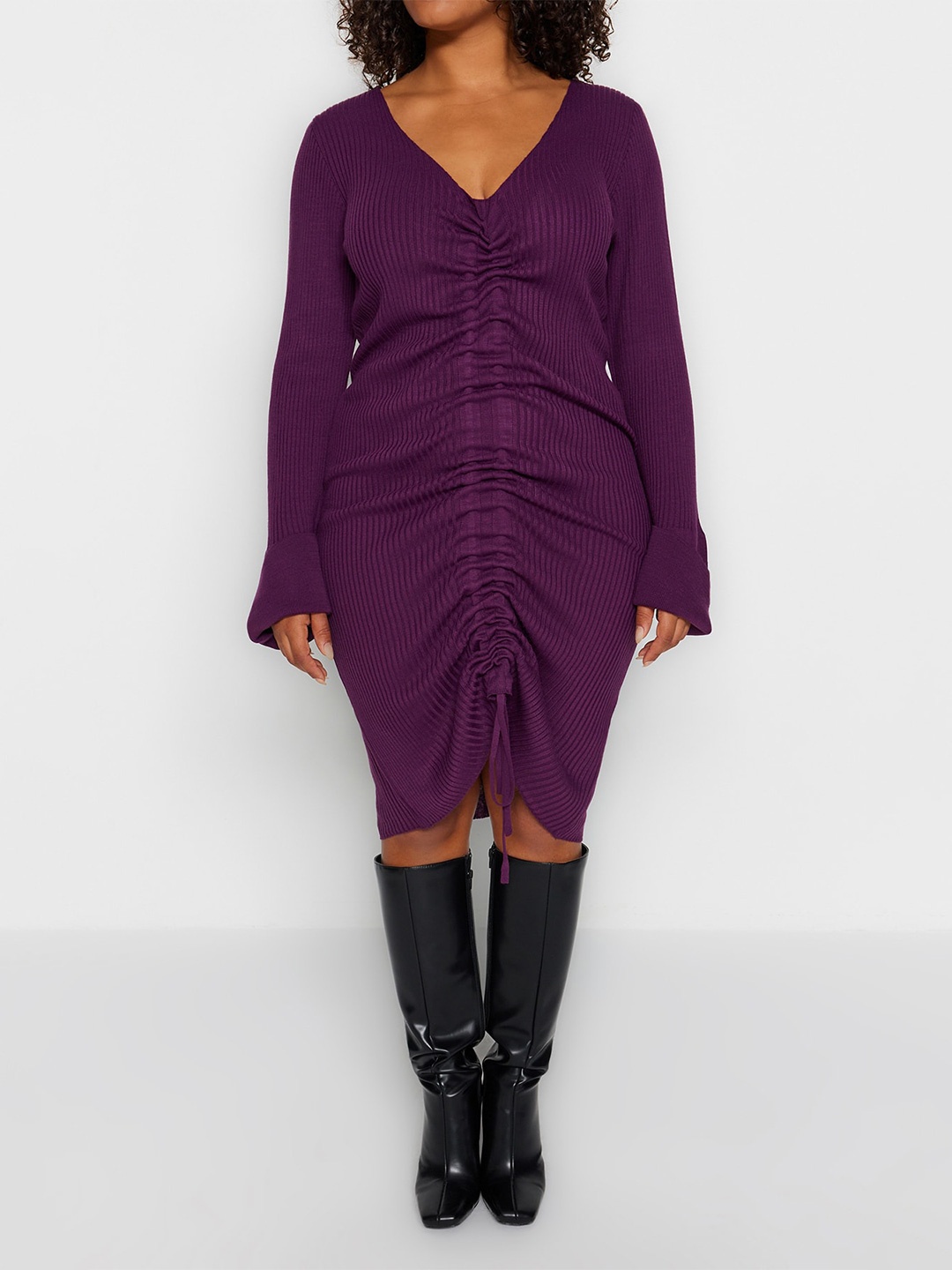 

Trendyol Plus Size V-Neck Long Sleeves Pure Acrylic Gathered Ruched Bodycon Dress, Purple