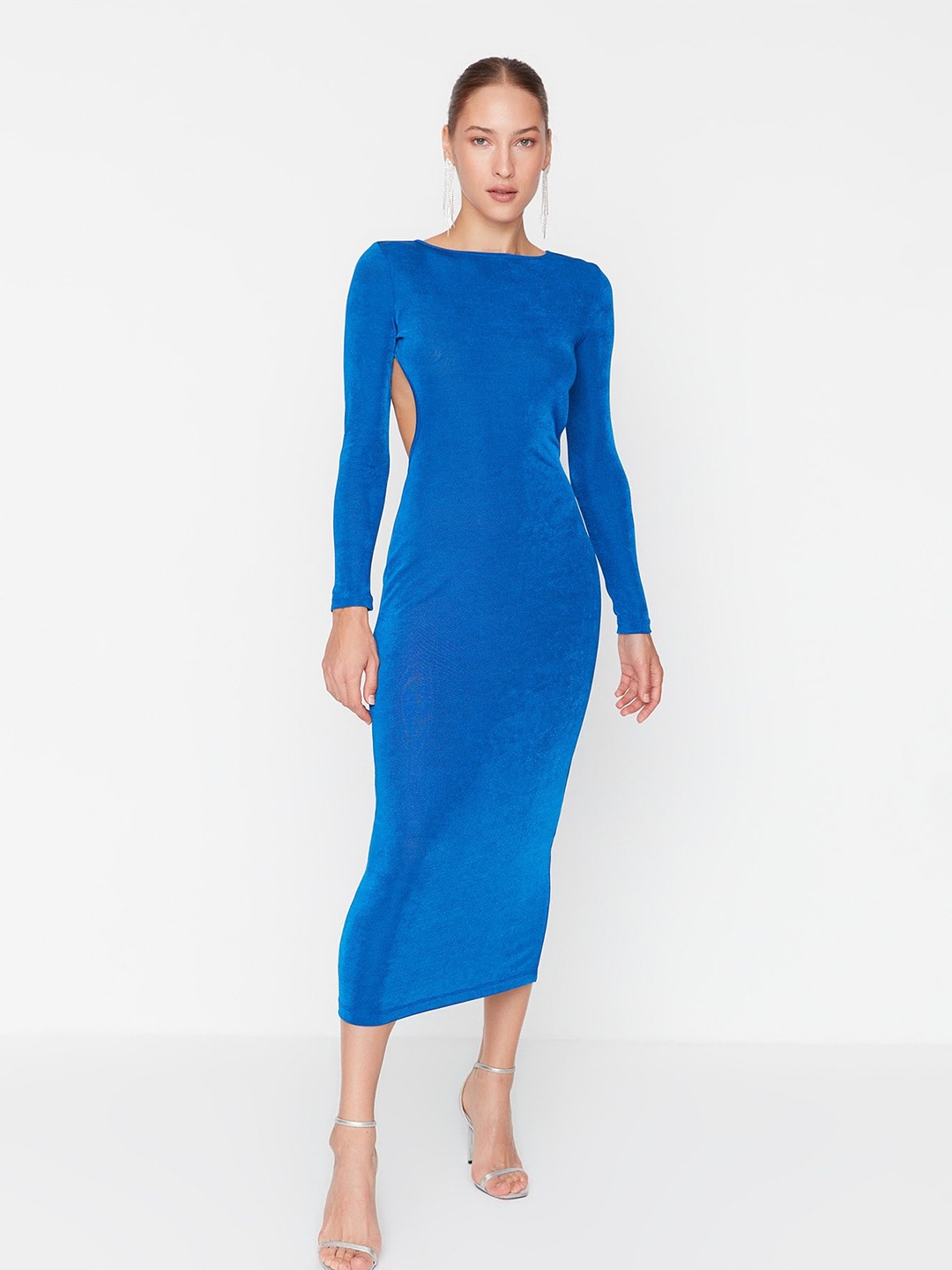 

Trendyol Boat Neck Cut-Outs Bodycon Midi Dress, Blue