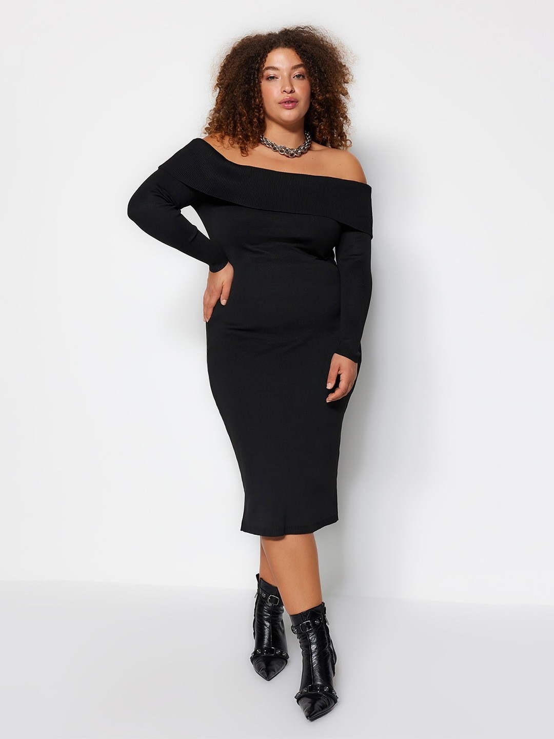 

Trendyol Off-Shoulder PU Coated Bodycon Dress, Black