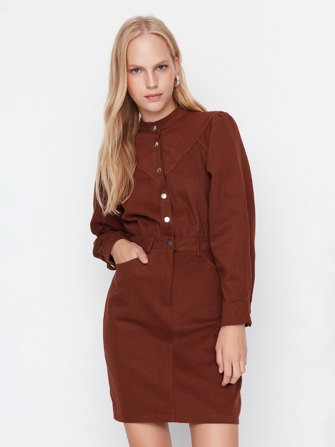 

Trendyol Band Collar Pure Cotton Sheath Dress, Brown