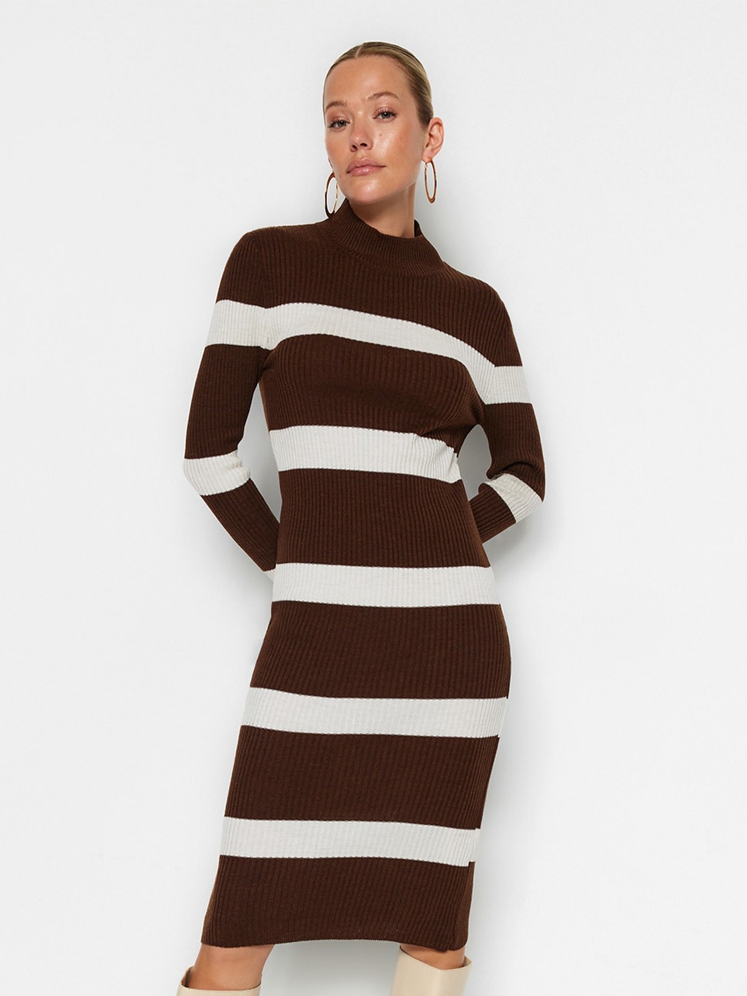 

Trendyol Striped Acrylic Bodycon Dress, Brown