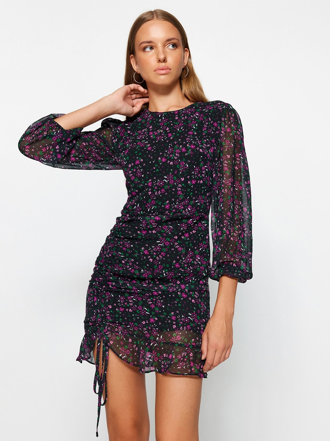 

Trendyol Floral Print Ruched Sheath Mini Dress, Black
