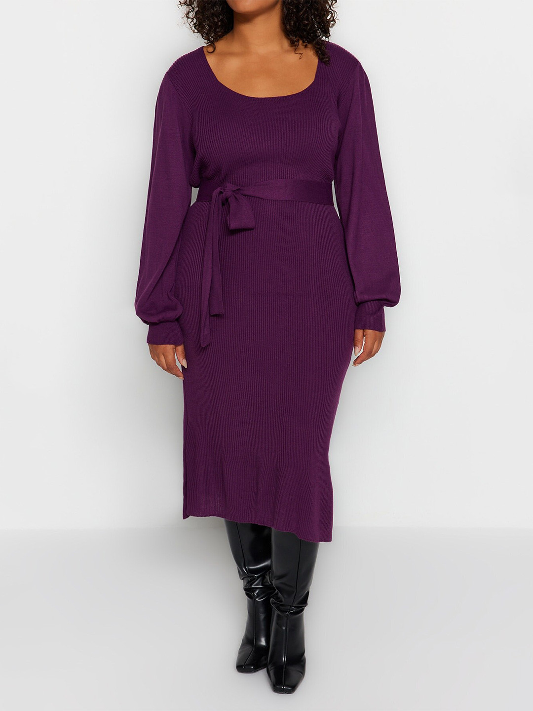 

Trendyol Round Neck Long Sleeves Sheath Midi Dress, Purple