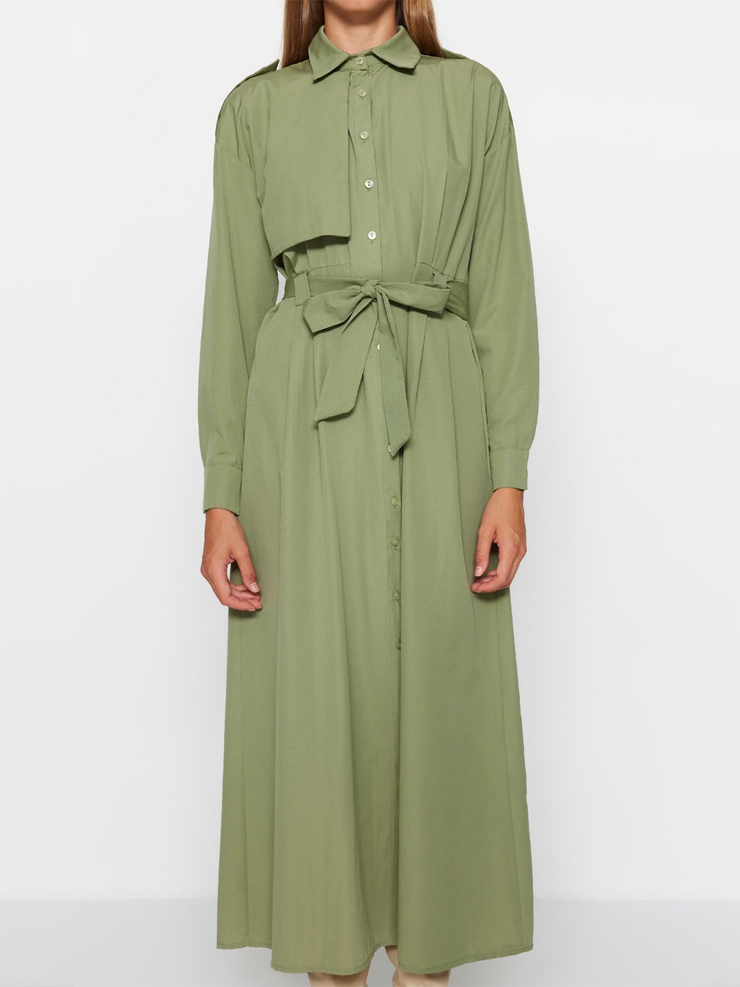 

Trendyol Belt Detailed Shirt Collar Cuffed Sleeves Shirt Style Dress, Green
