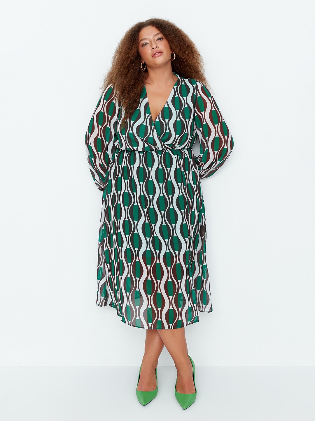 

Trendyol Plus Size V-Neck Abstract Printed Midi Fit & Flare Dress, Green