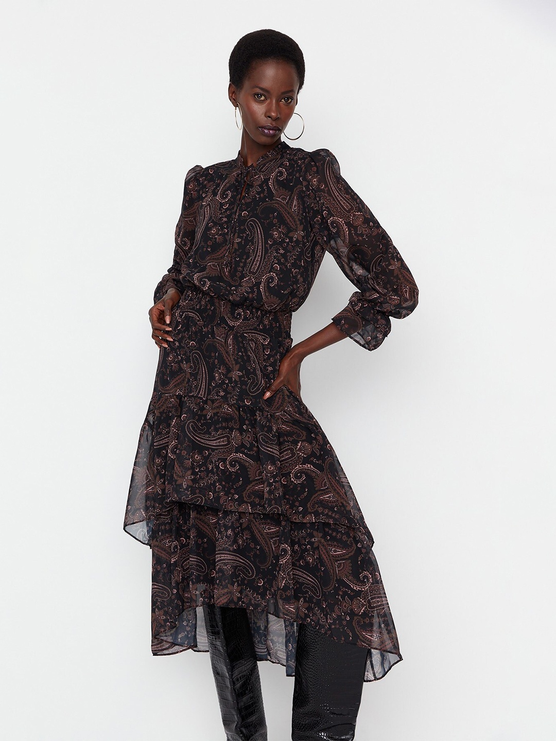 

Trendyol Animal Printed Tie-Up Neck Cuffed Sleeves Tiered Detail Fit & Flare Midi Dress, Brown