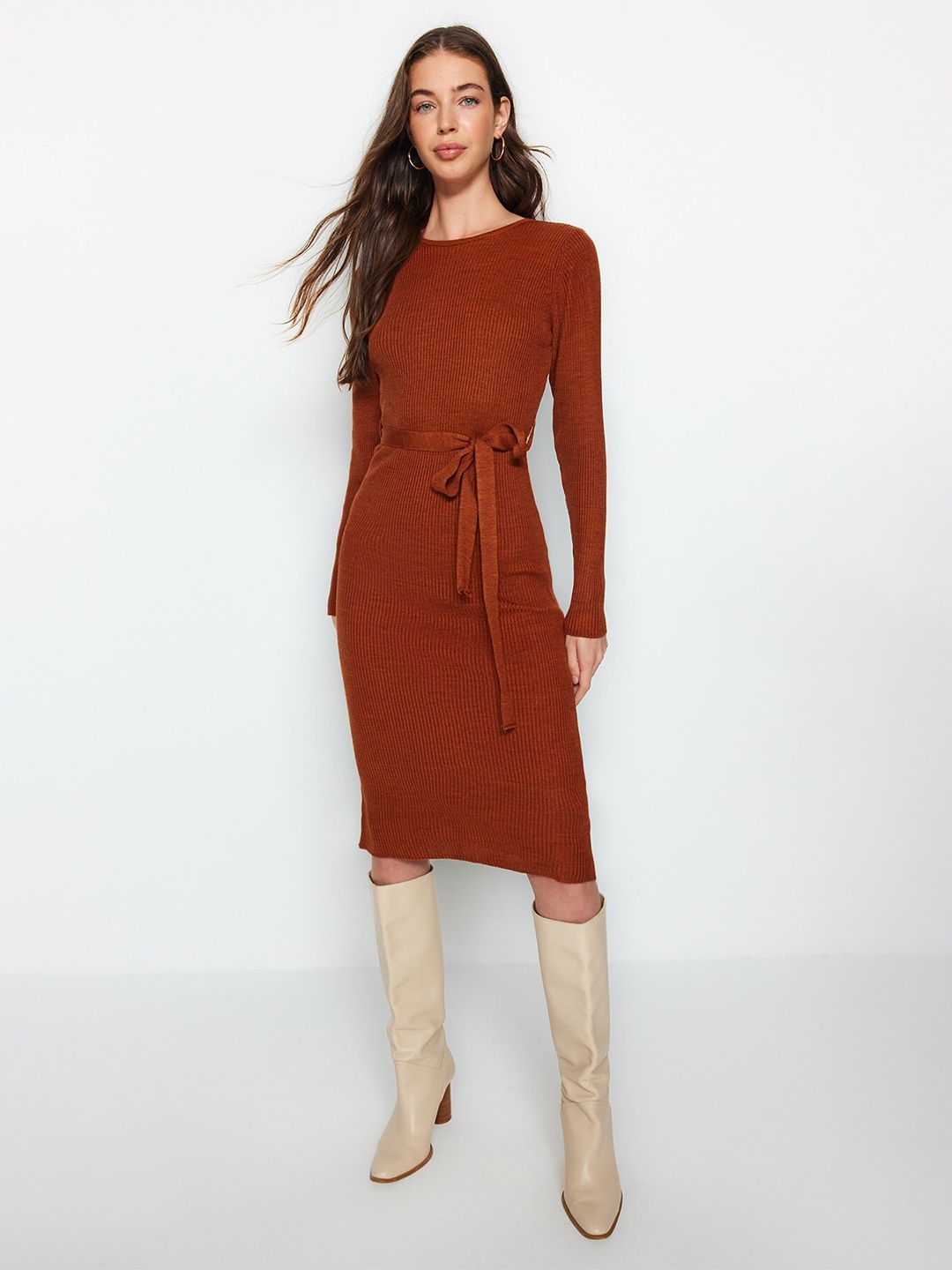 

Trendyol Self Design Acrylic Jumper Dress With Belt, Brown